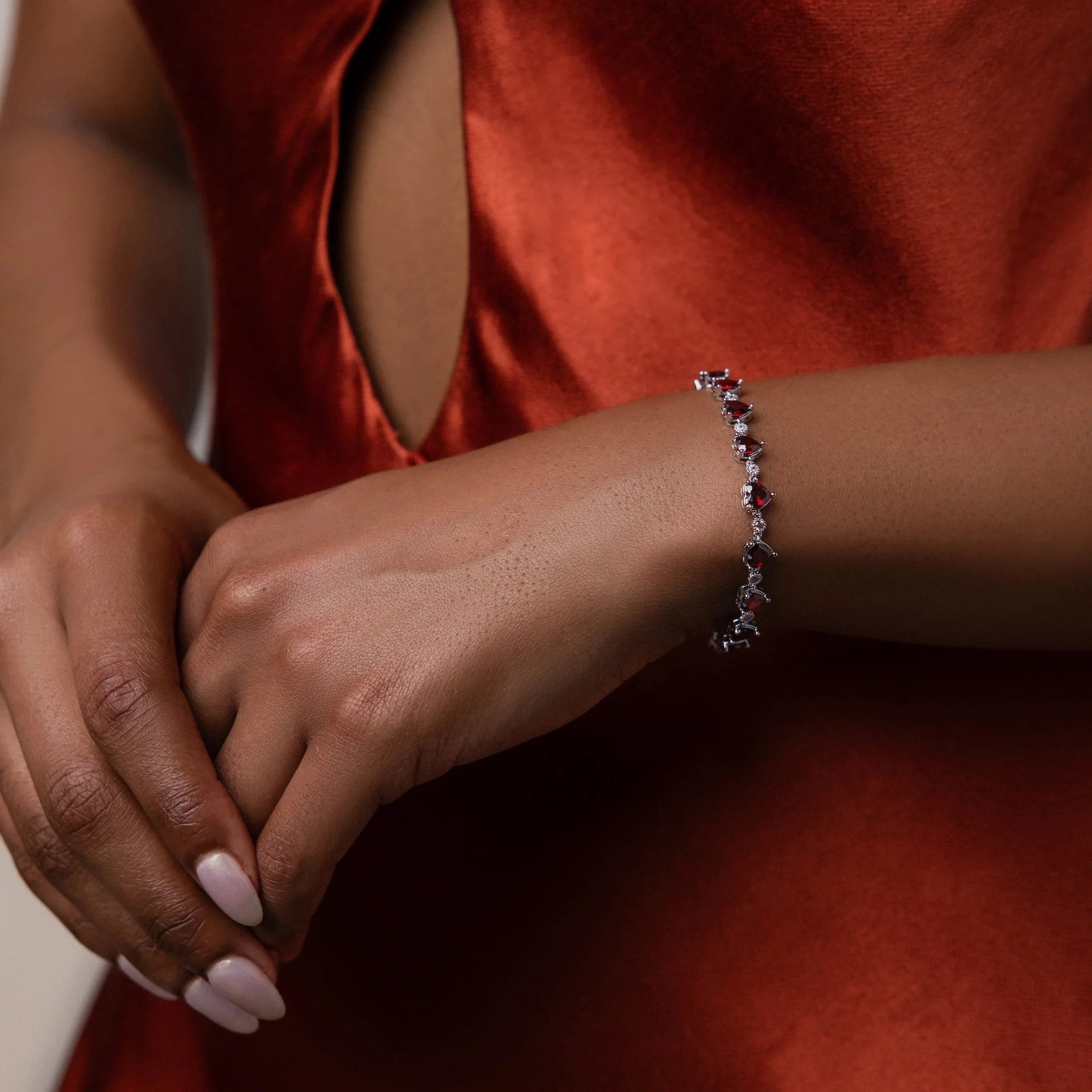 Diamond Garnet Heart Tennis Bracelet Silver 18K Gold Plated