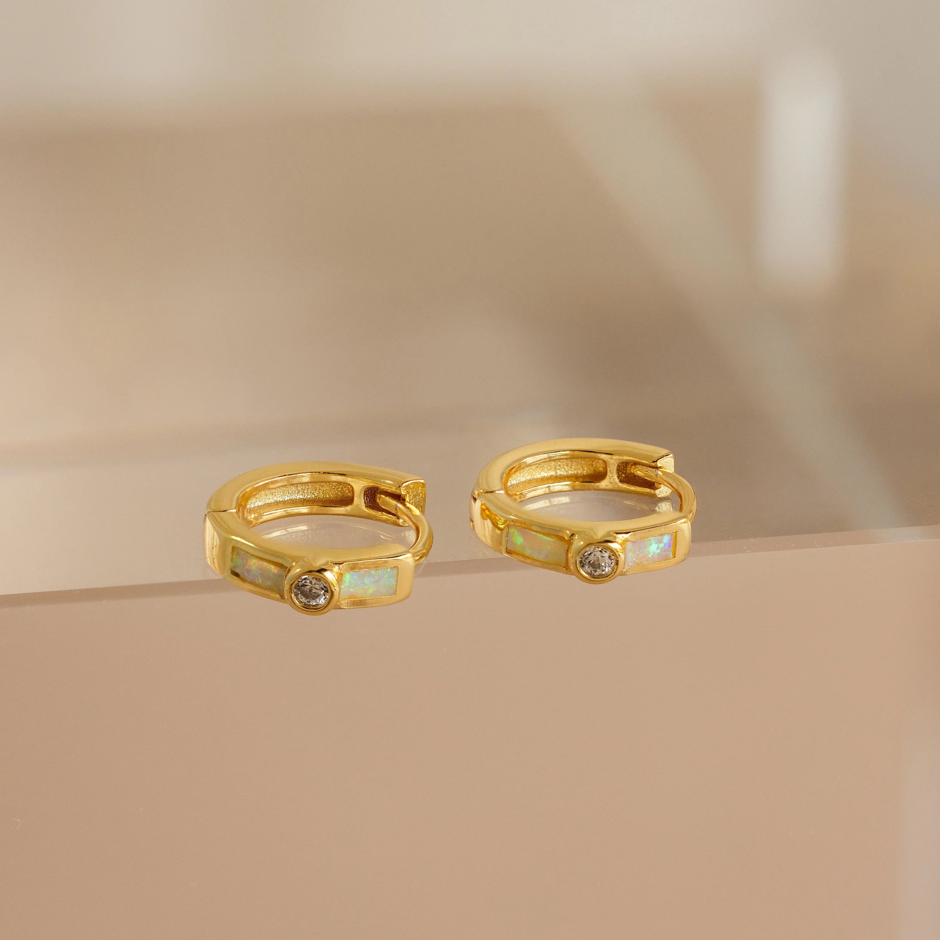 Opal Inlay Diamond Huggies Silver 18K Gold Plated