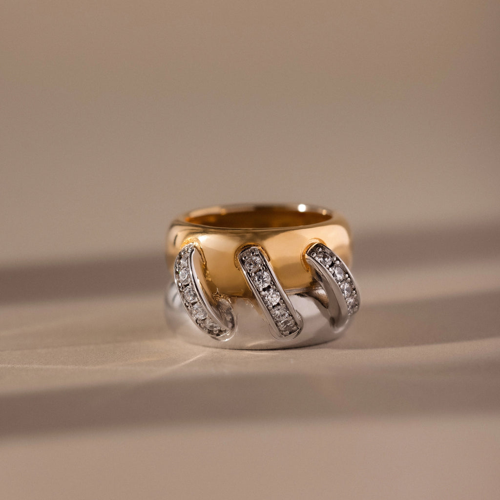 Diamond Mixed Metal Link Ring Silver 18K Gold Plated