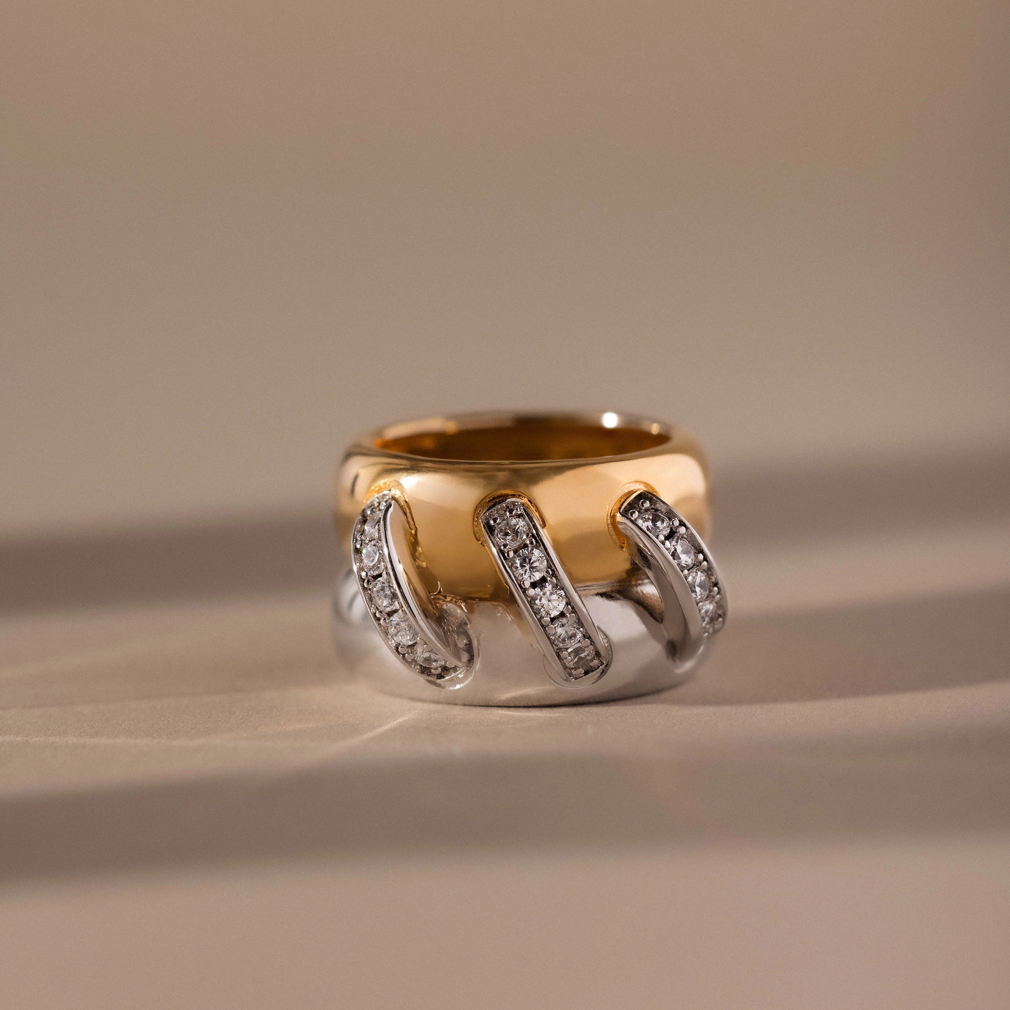 Diamond Mixed Metal Link Ring Silver 18K Gold Plated