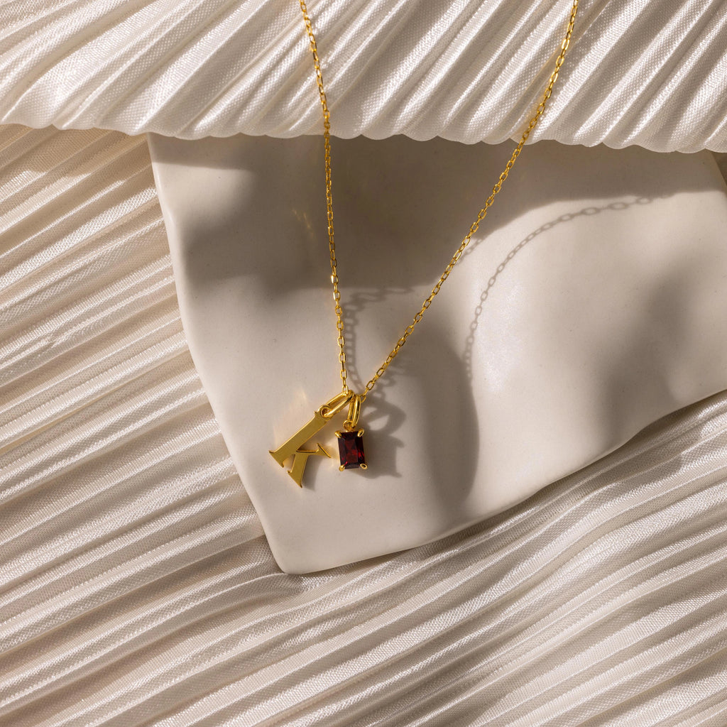 Initial Birthstone Charm Necklace Silver 18K Gold Plated