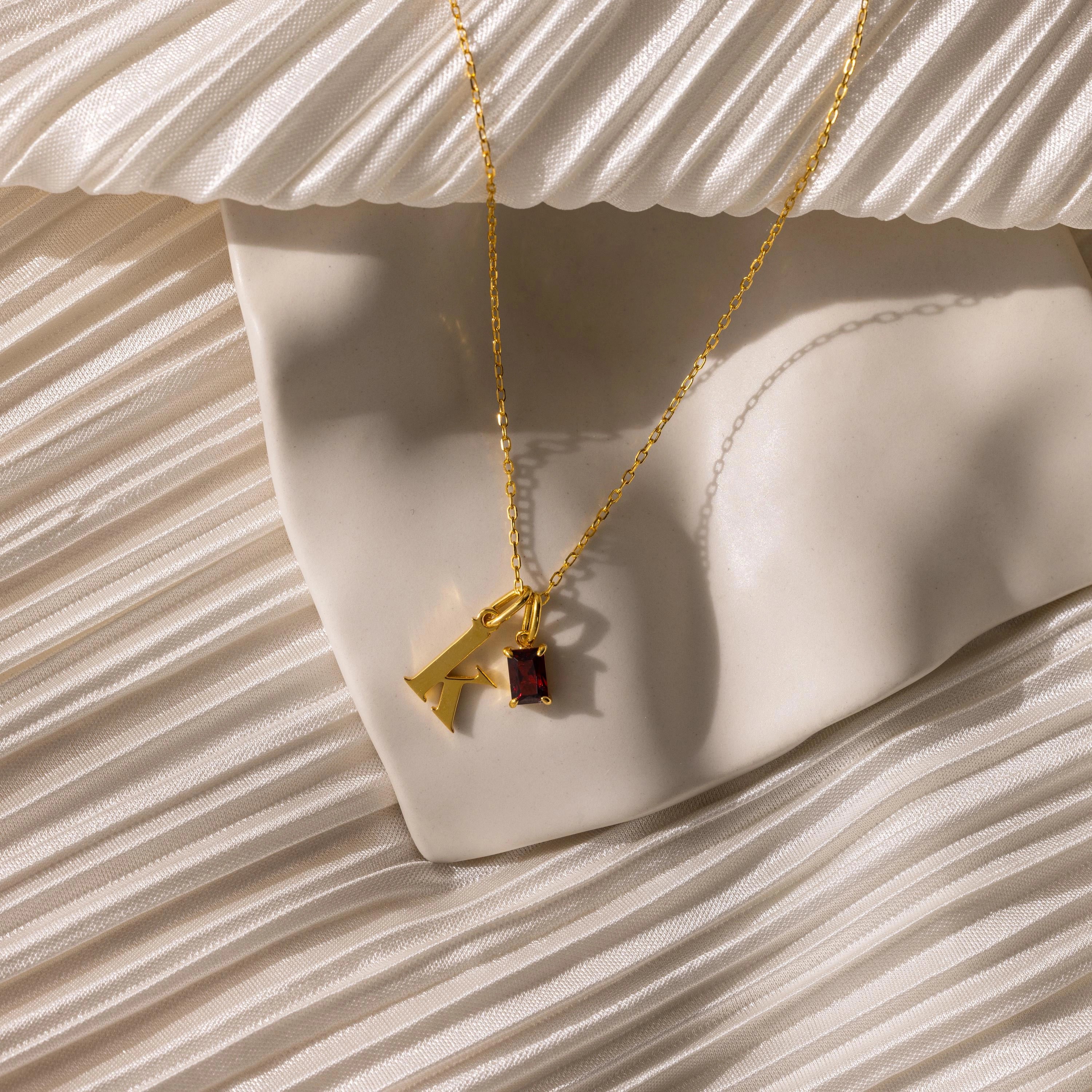 Initial Birthstone Charm Necklace Silver 18K Gold Plated