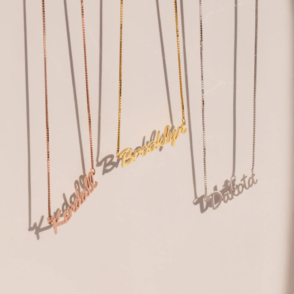 Casella Name Necklace in Box Chain  Silver 18K Gold Plated