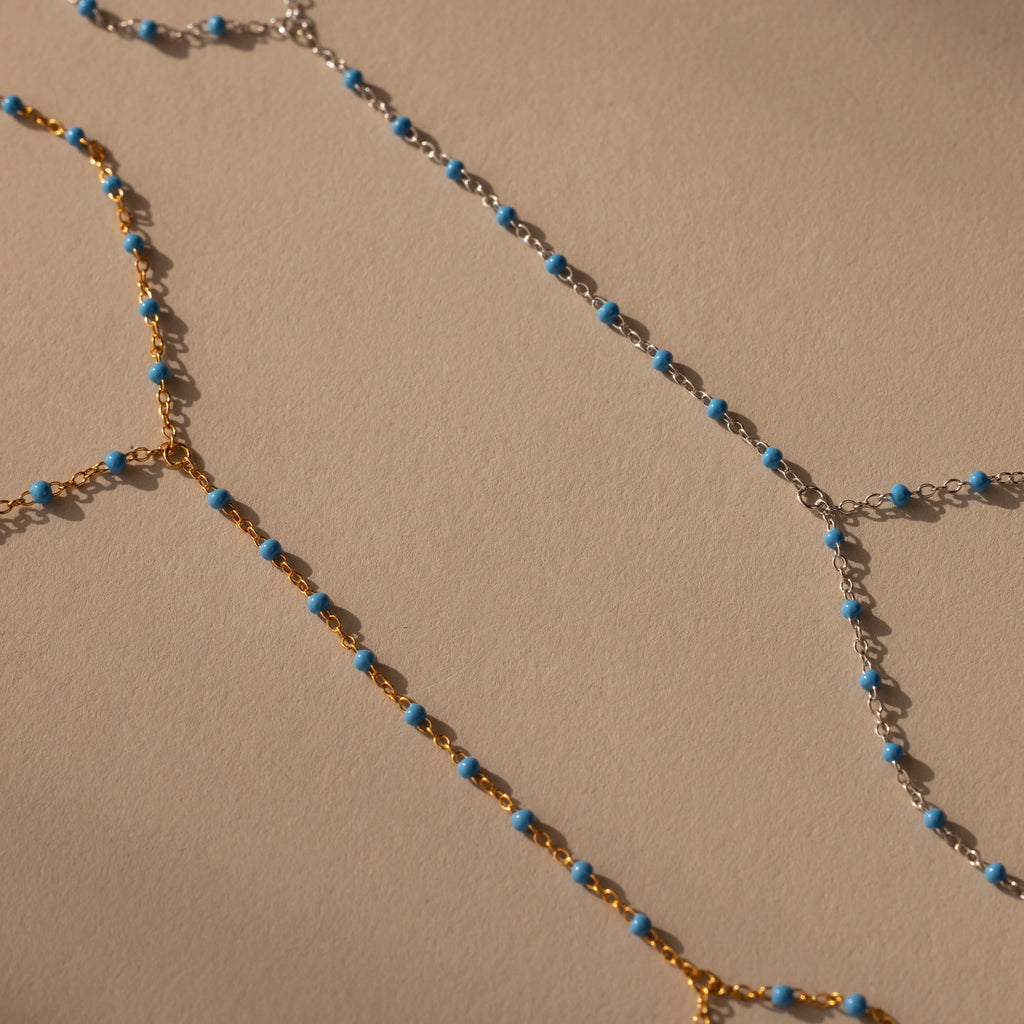 Turquoise Ocean Beaded Hand Chain Bracelet Silver 18K Gold Plated