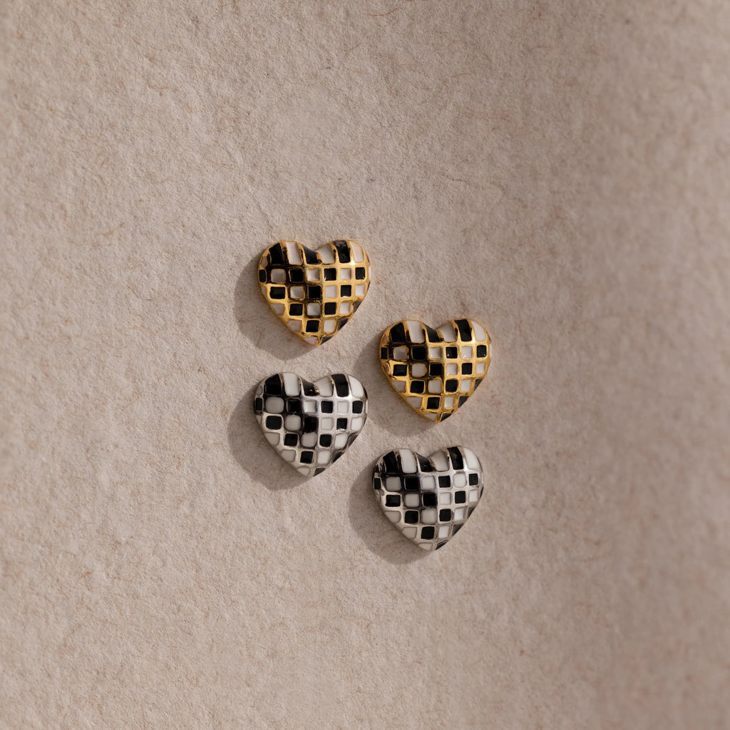Enamel Covered Checkered Heart Studs Silver 18K Gold Plated