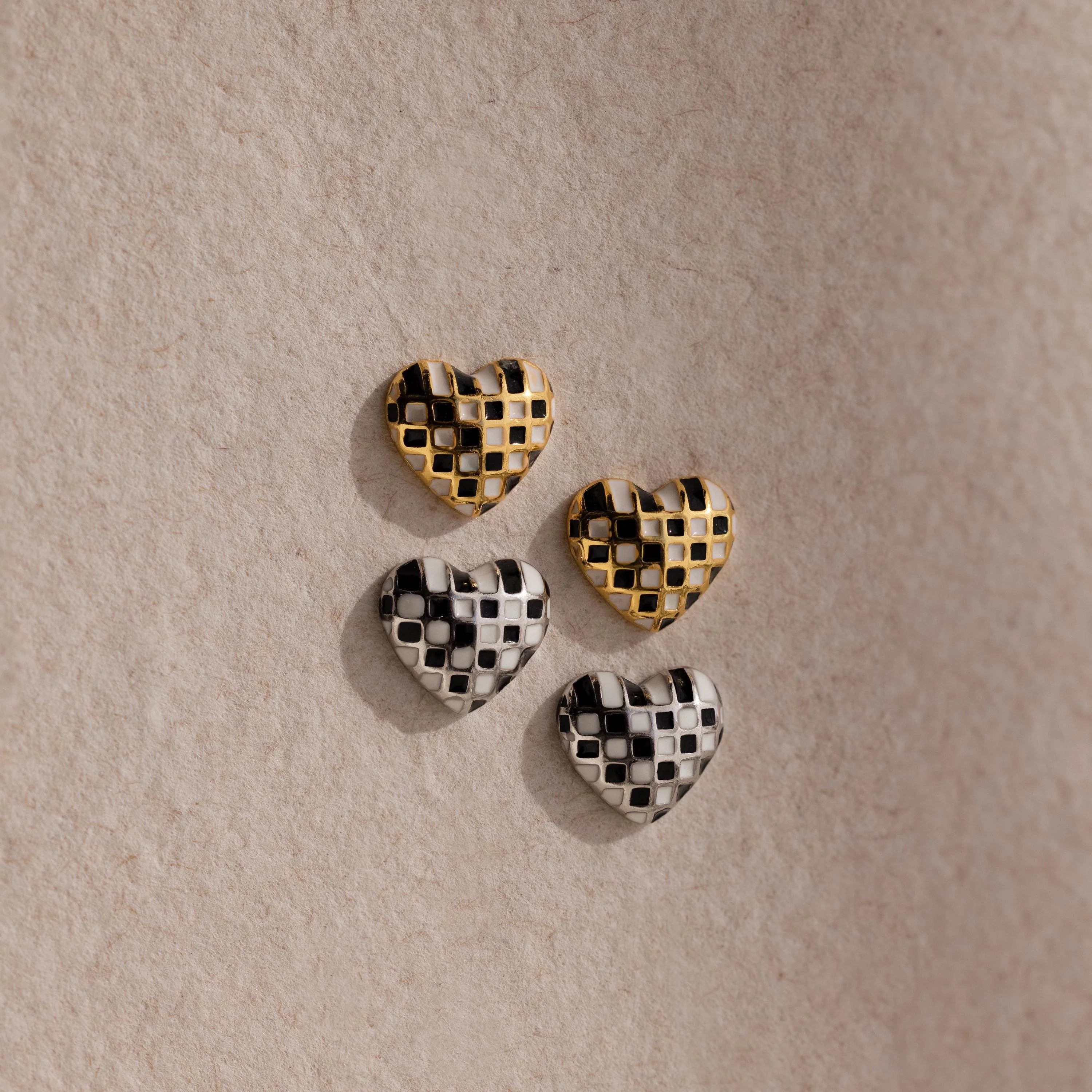 Enamel Covered Checkered Heart Studs Silver 18K Gold Plated
