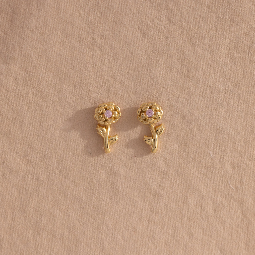 Birth Flower Stud Earrings Silver 18K Gold Plated