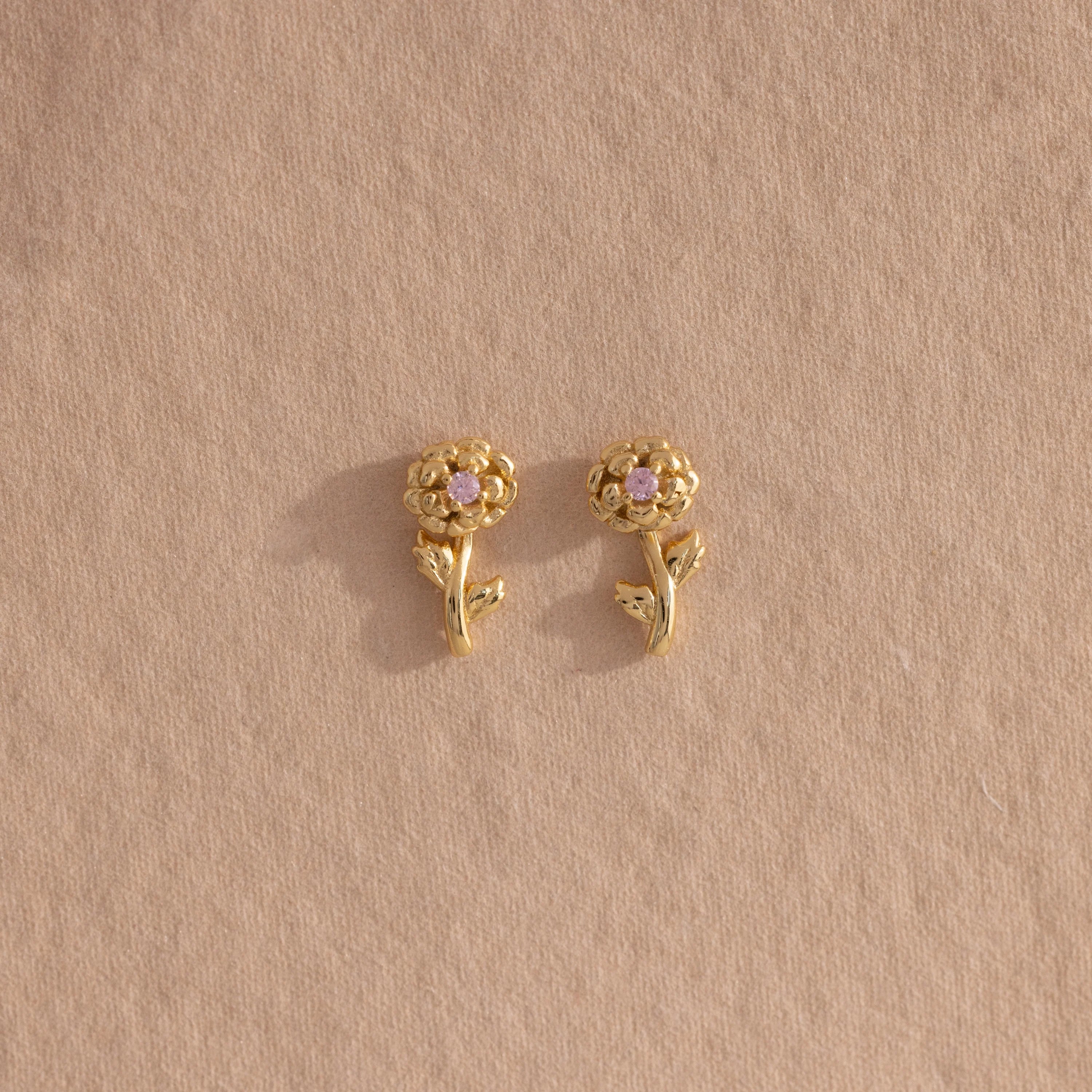 Birth Flower Stud Earrings Silver 18K Gold Plated