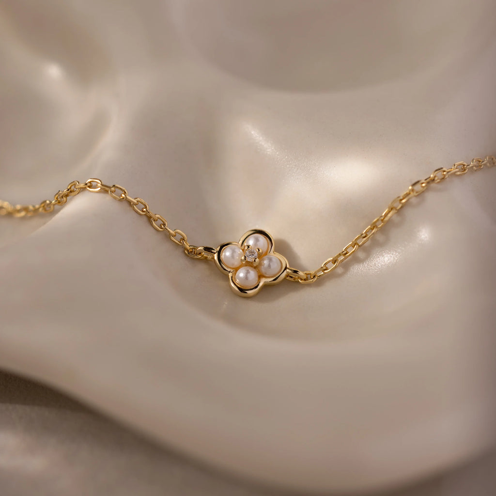 Diamond Pearl Flower Bracelet Silver 18K Gold Plated