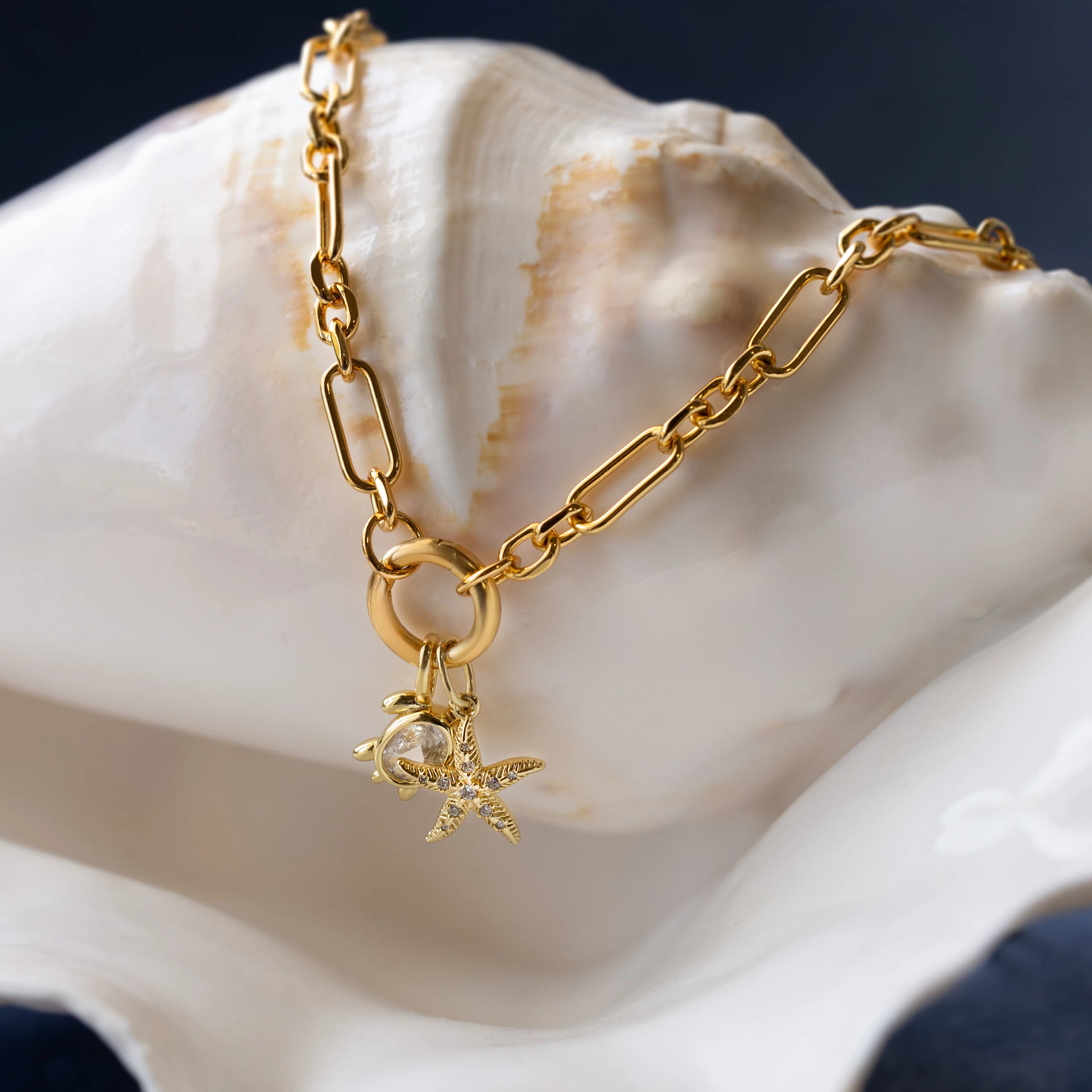 Diamond Pave Starfish Charm Silver 18K Gold Plated