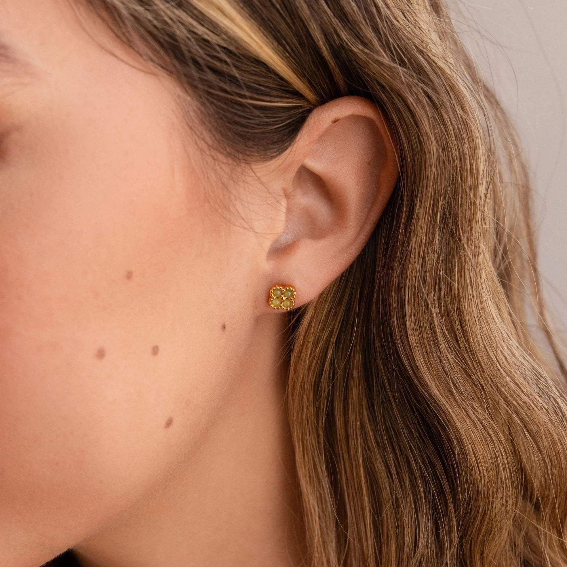 Jade Clover Studs Silver 18K Gold Plated
