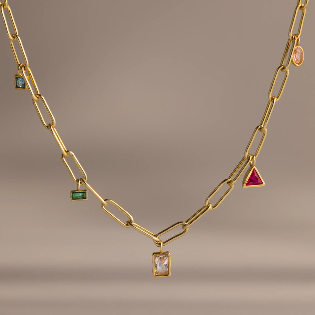 Mixed Birthstone Charm Necklace Silver 18K Gold Plated