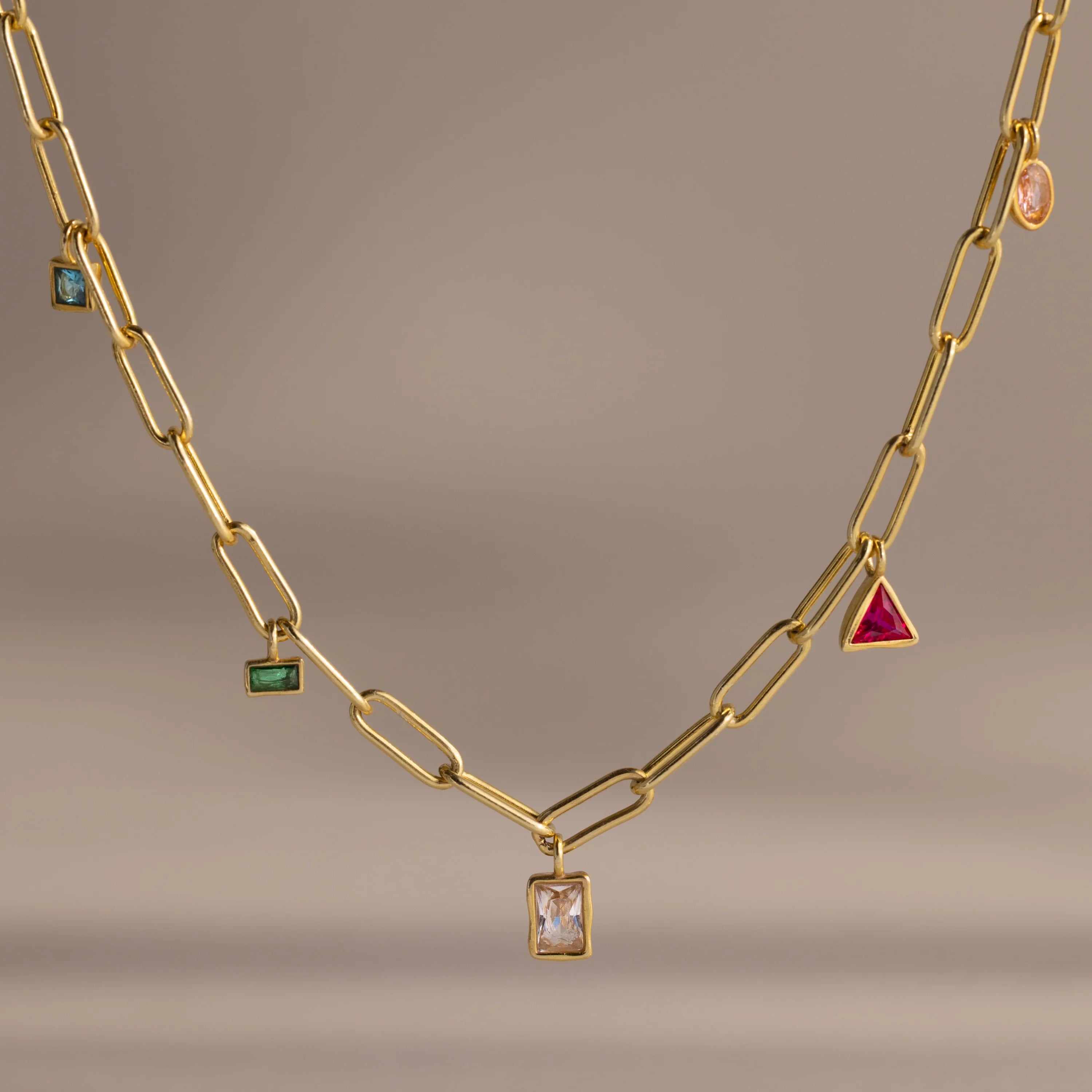 Mixed Birthstone Charm Necklace Silver 18K Gold Plated