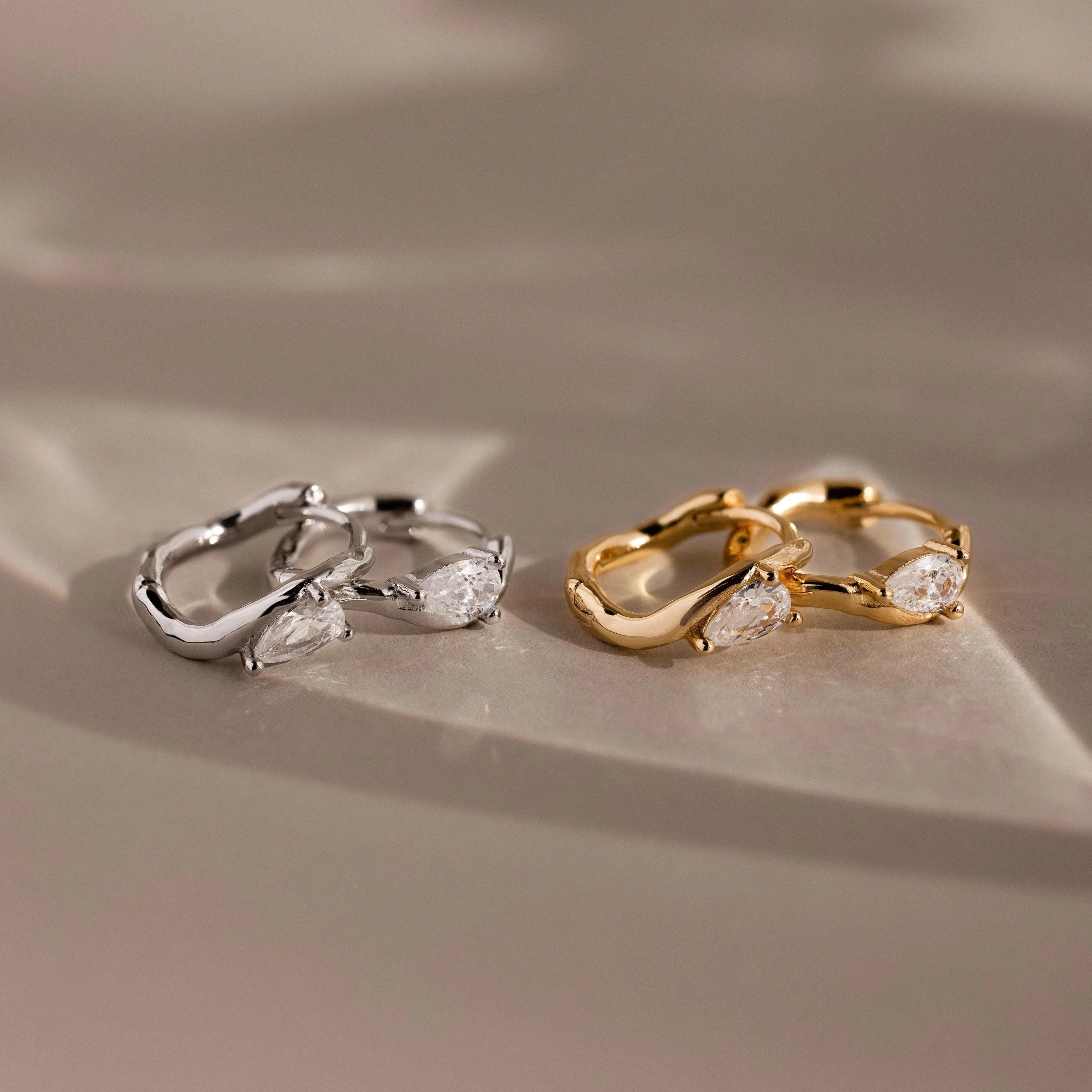 Organic Diamond Teardrop Hoops Silver 18K Gold Plated