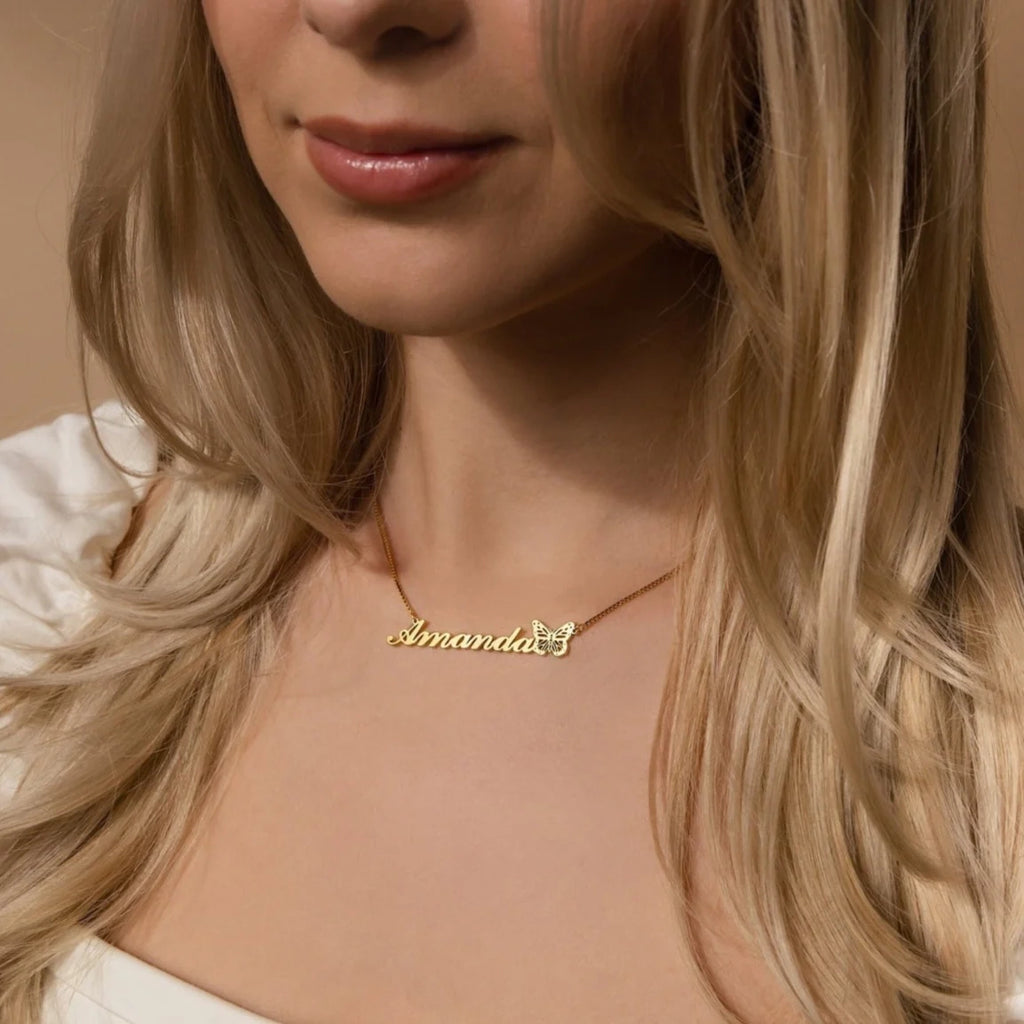Butterfly Name Box Chain Necklace Silver 18K Gold Plated