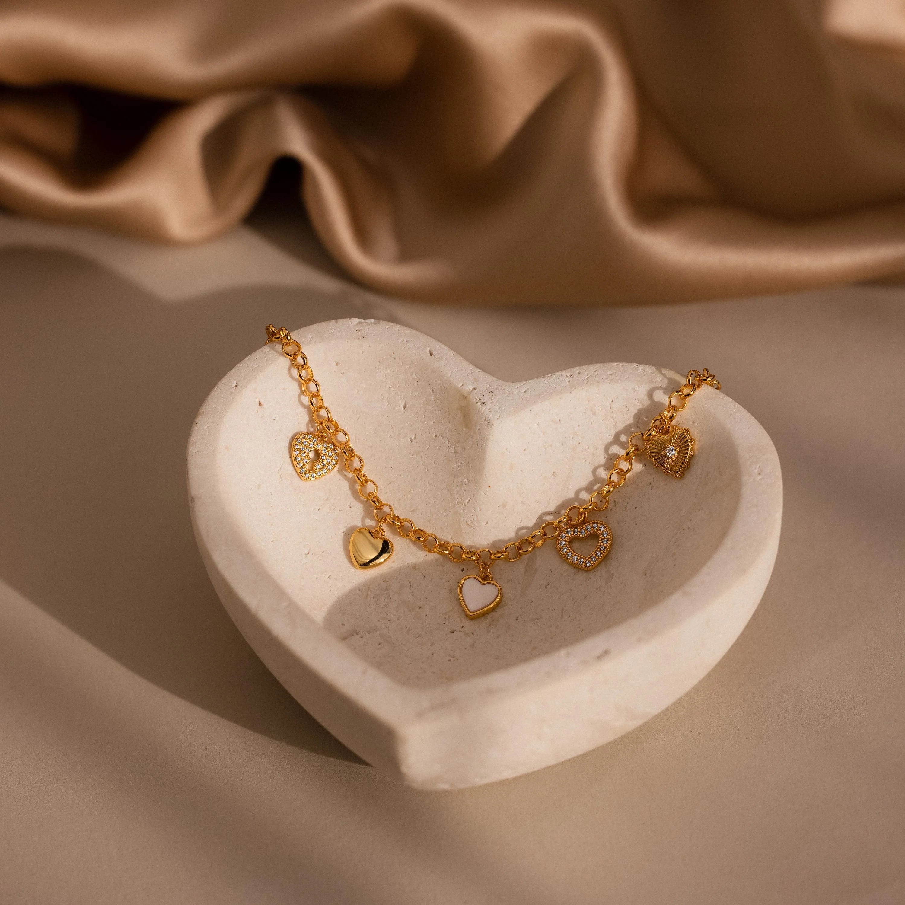 Heart Charm Bracelet Silver 18K Gold Plated