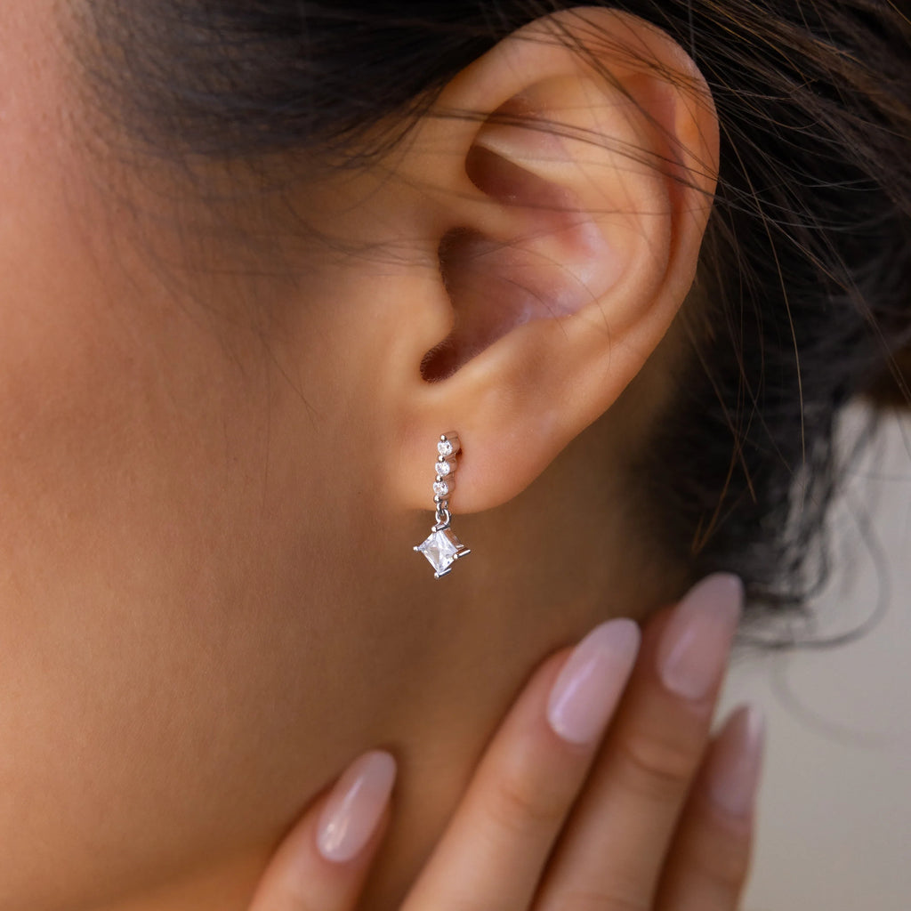 Princess Diamond Drop Studs Silver 18K Gold Plated