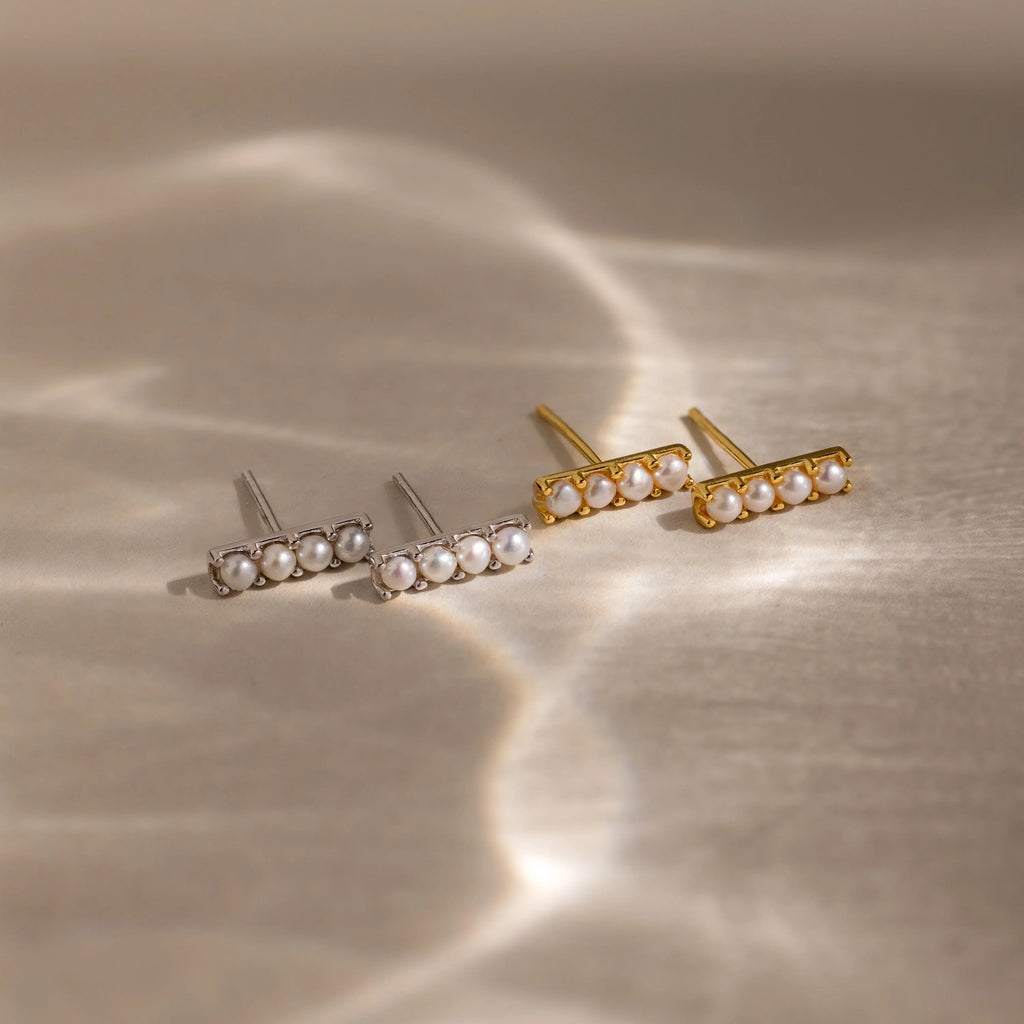 Dainty Pearl Bar Studs Silver 18K Gold Plated