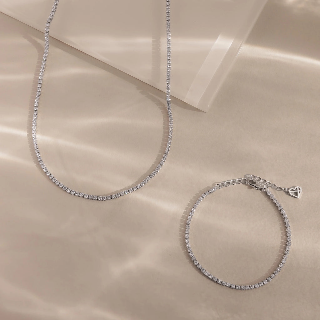 Diamond Tennis Necklace & Bracelet Set Silver 18K Gold Plated