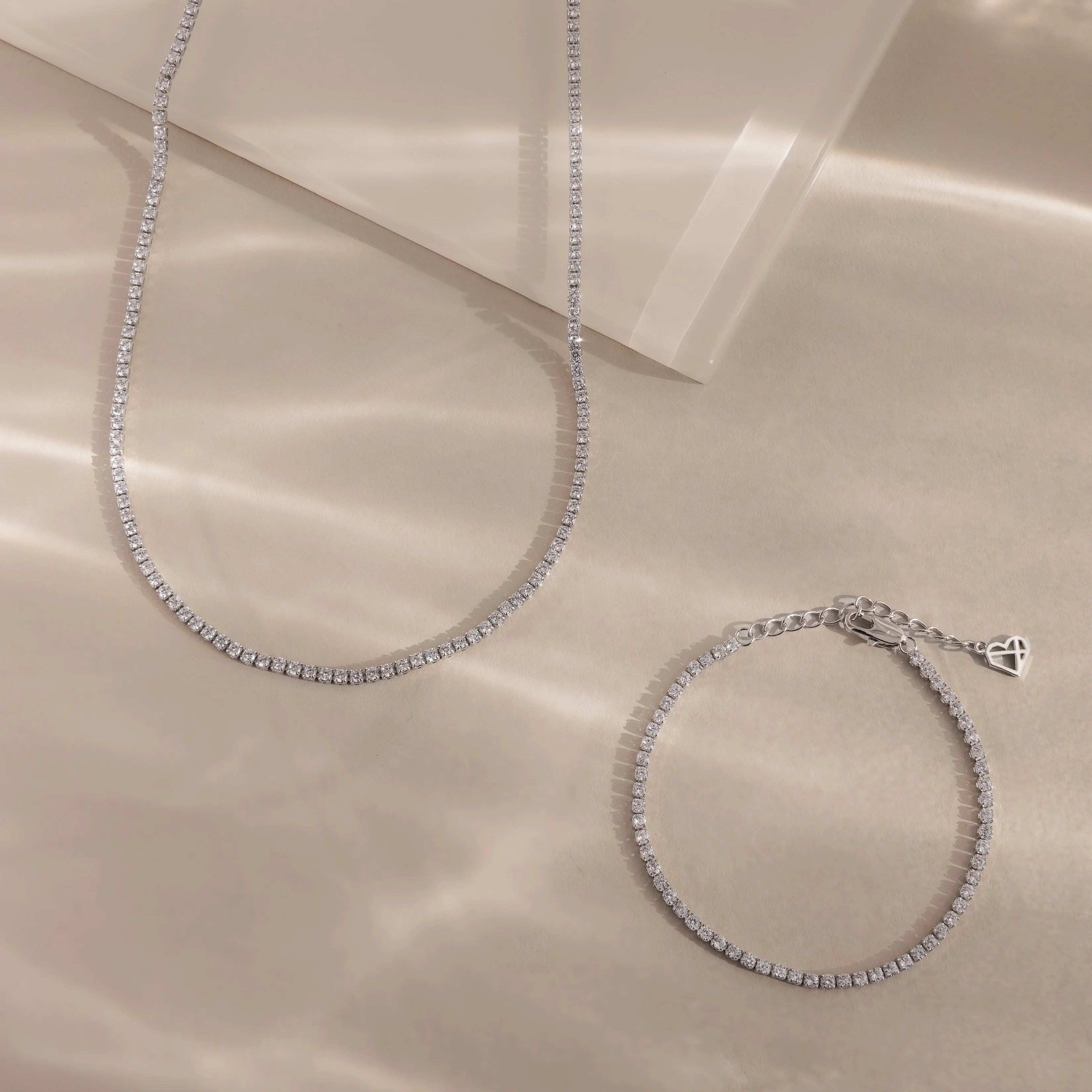 Diamond Tennis Necklace & Bracelet Set Silver 18K Gold Plated