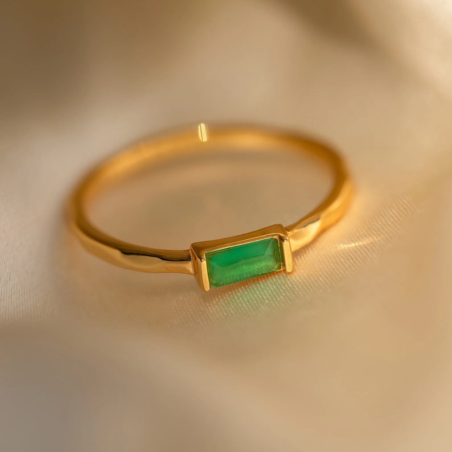 Jade Baguette Ring Silver 18K Gold Plated