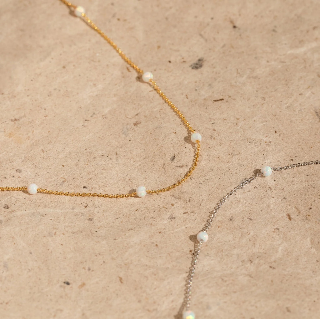 Opal Station Necklace Silver 18K Gold Plated