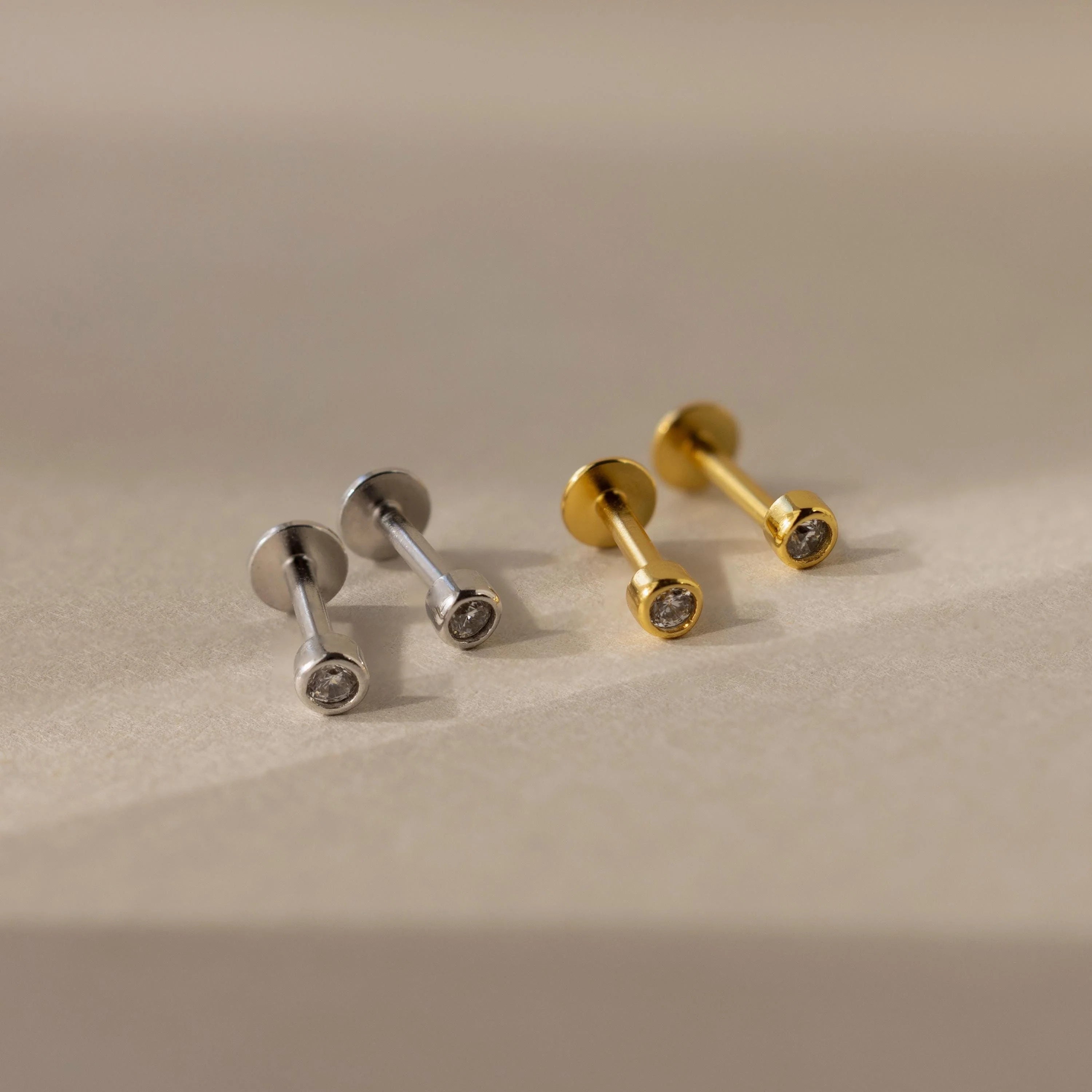 Small Diamond Bezel Flatback Studs Silver 18K Gold Plated