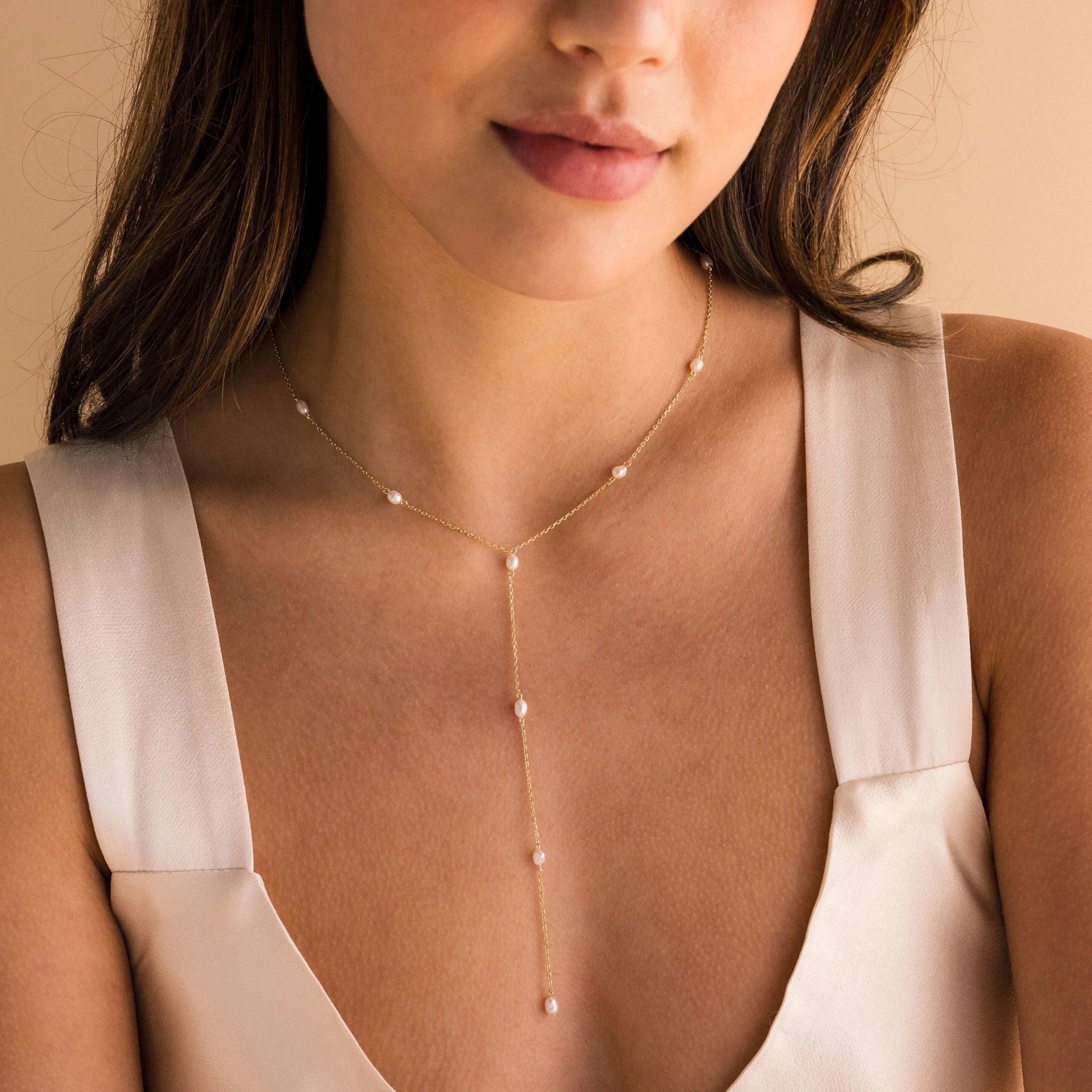 Pearl Station Lariat Necklace Silver 18K Gold Plated