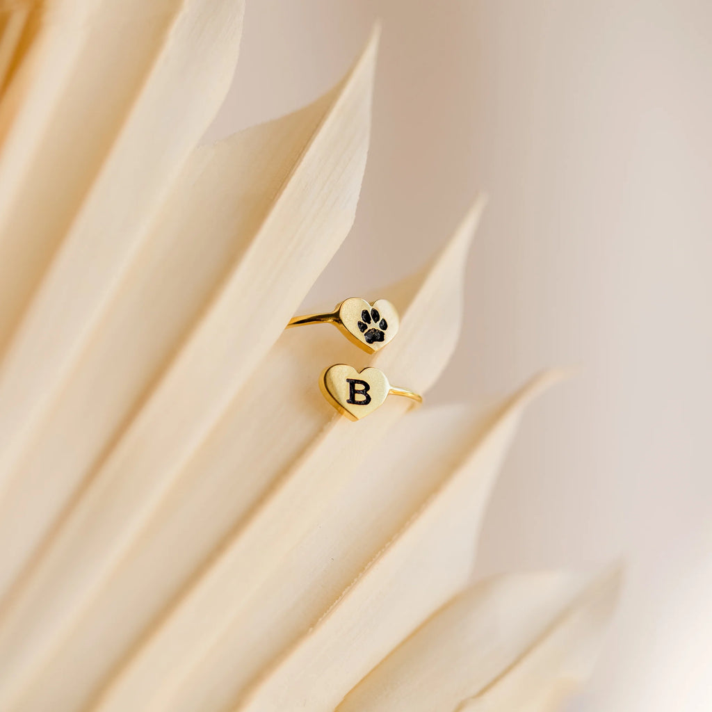 Paw Print Duo Heart Ring Silver 18K Gold Plated