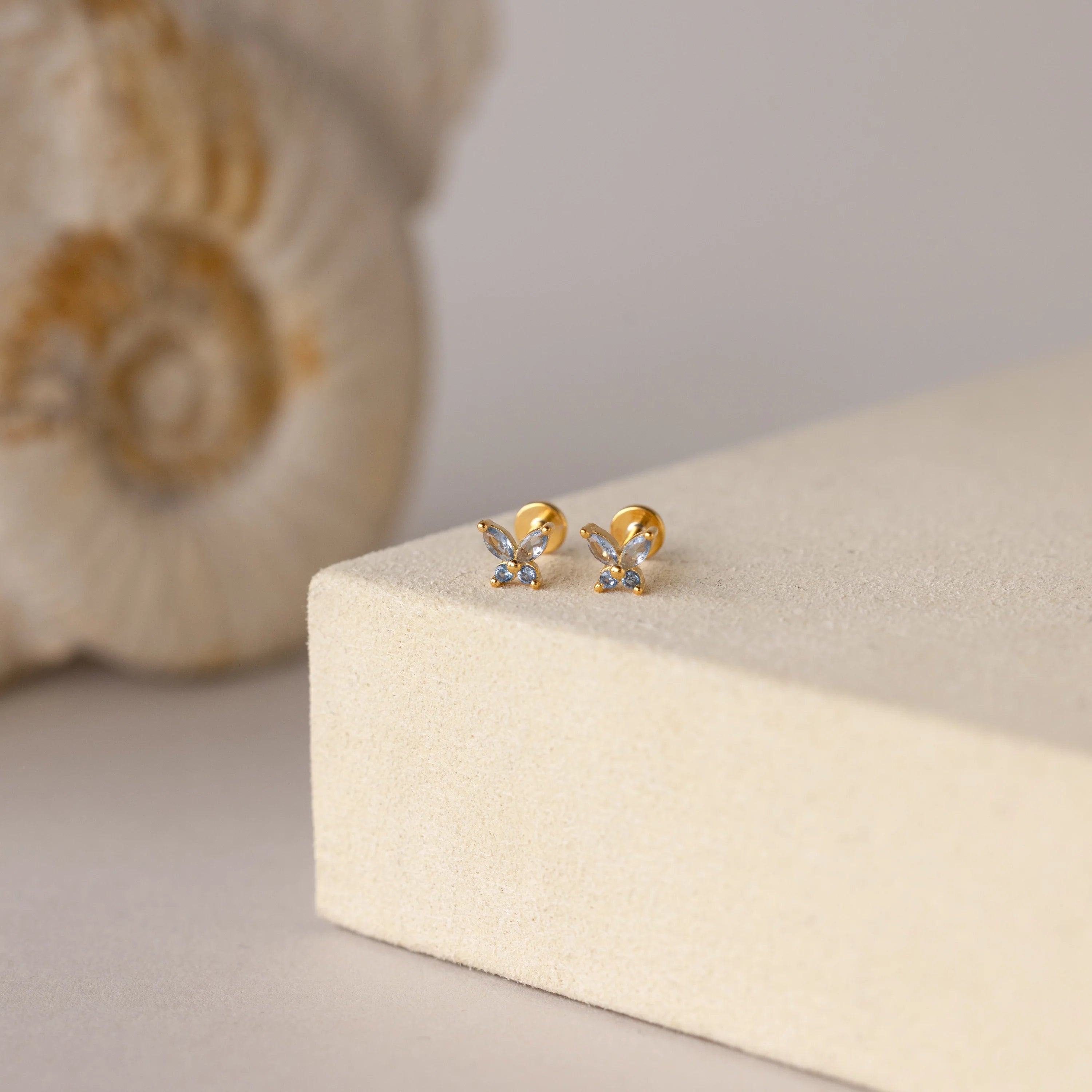 Butterfly Blue Zircon Flatback Studs Silver 18K Gold Plated