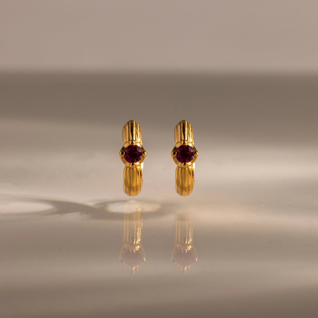 Ribbed Ruby Huggies Silver 18K Gold Plated