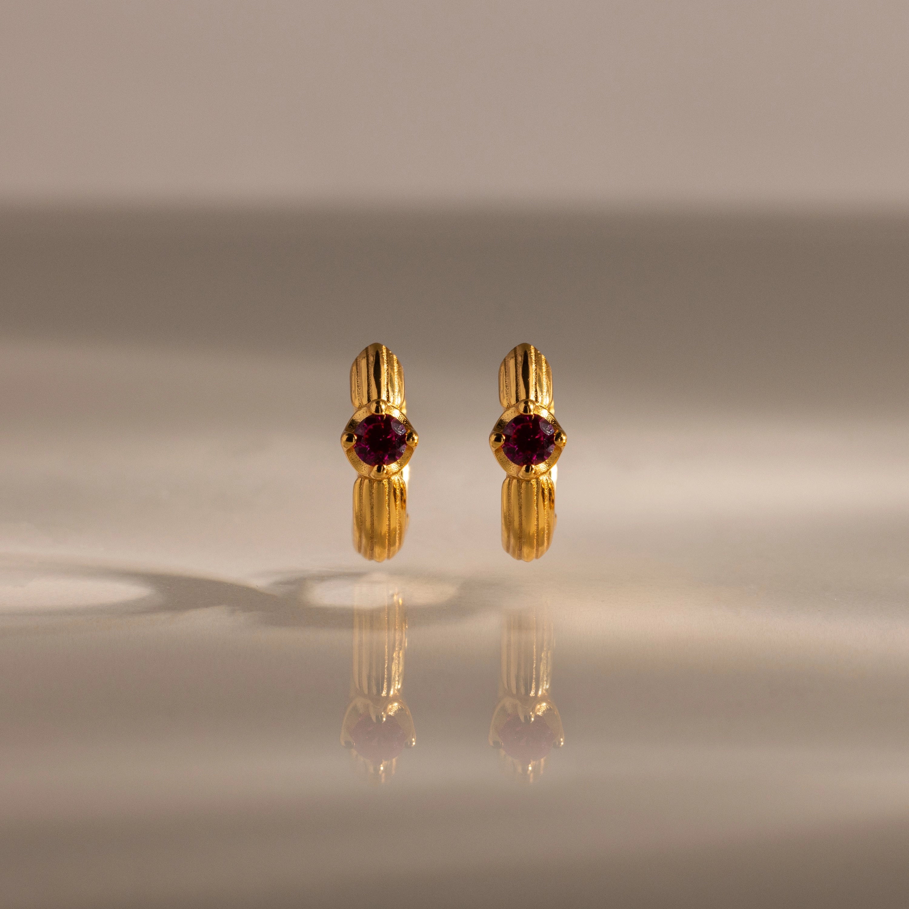 Ribbed Ruby Huggies Silver 18K Gold Plated