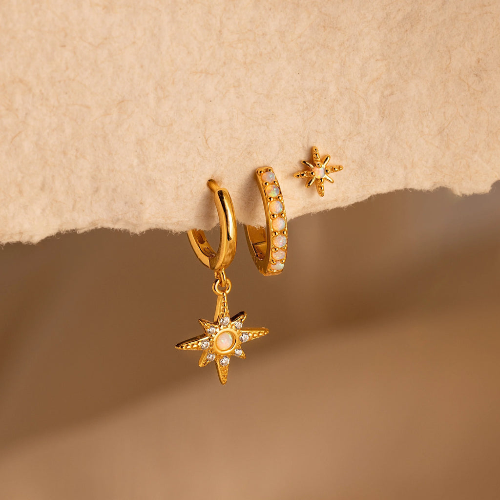 Opal Starburst Earrings Set Silver 18K Gold Plated