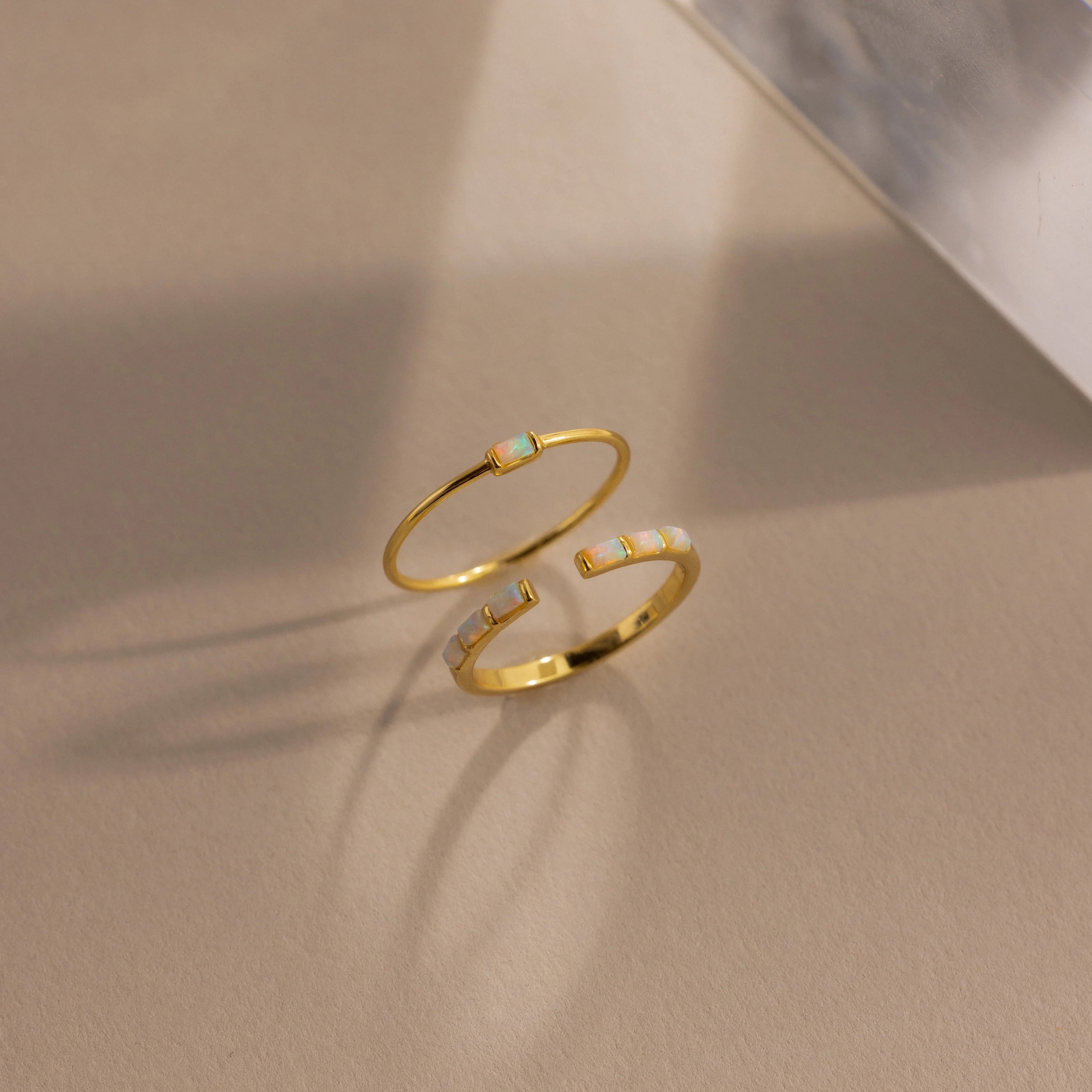 Baguette Opal Ring Set Silver 18K Gold Plated