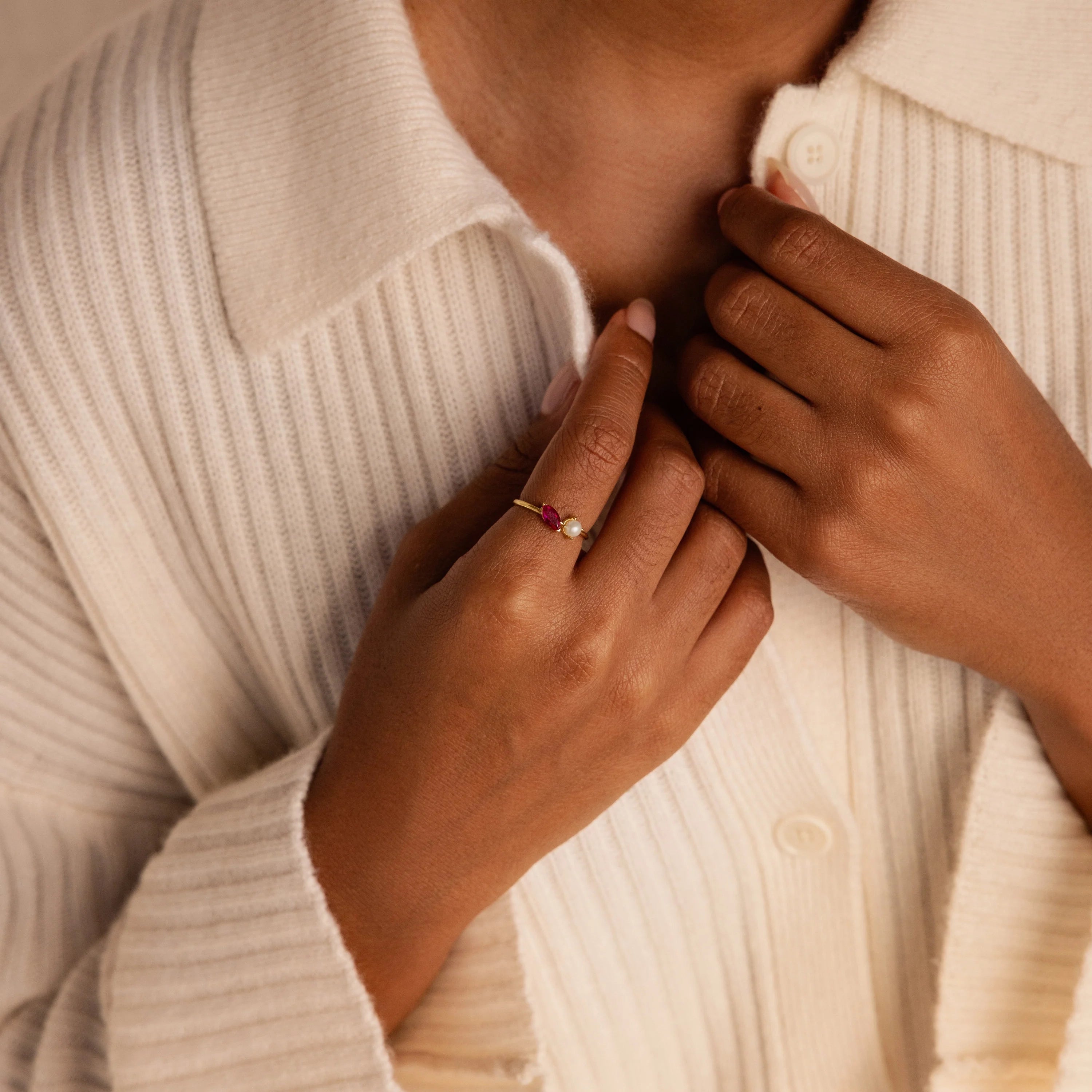 Marquise Birthstone Pearl Ring Silver 18K Gold Plated