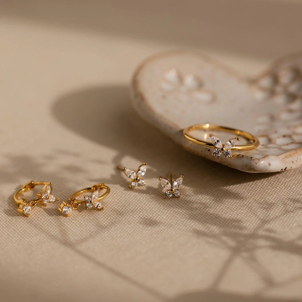 Diamond Butterfly Drop Huggies Silver 18K Gold Plated