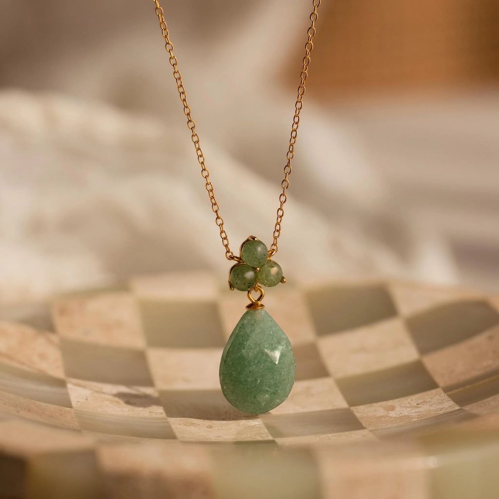 Jade Flower Teardrop Necklace Silver 18K Gold Plated