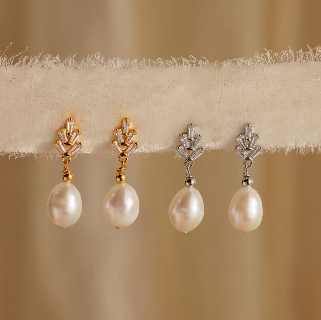 Pearl Diamond Drop Earrings Silver 18K Gold Plated