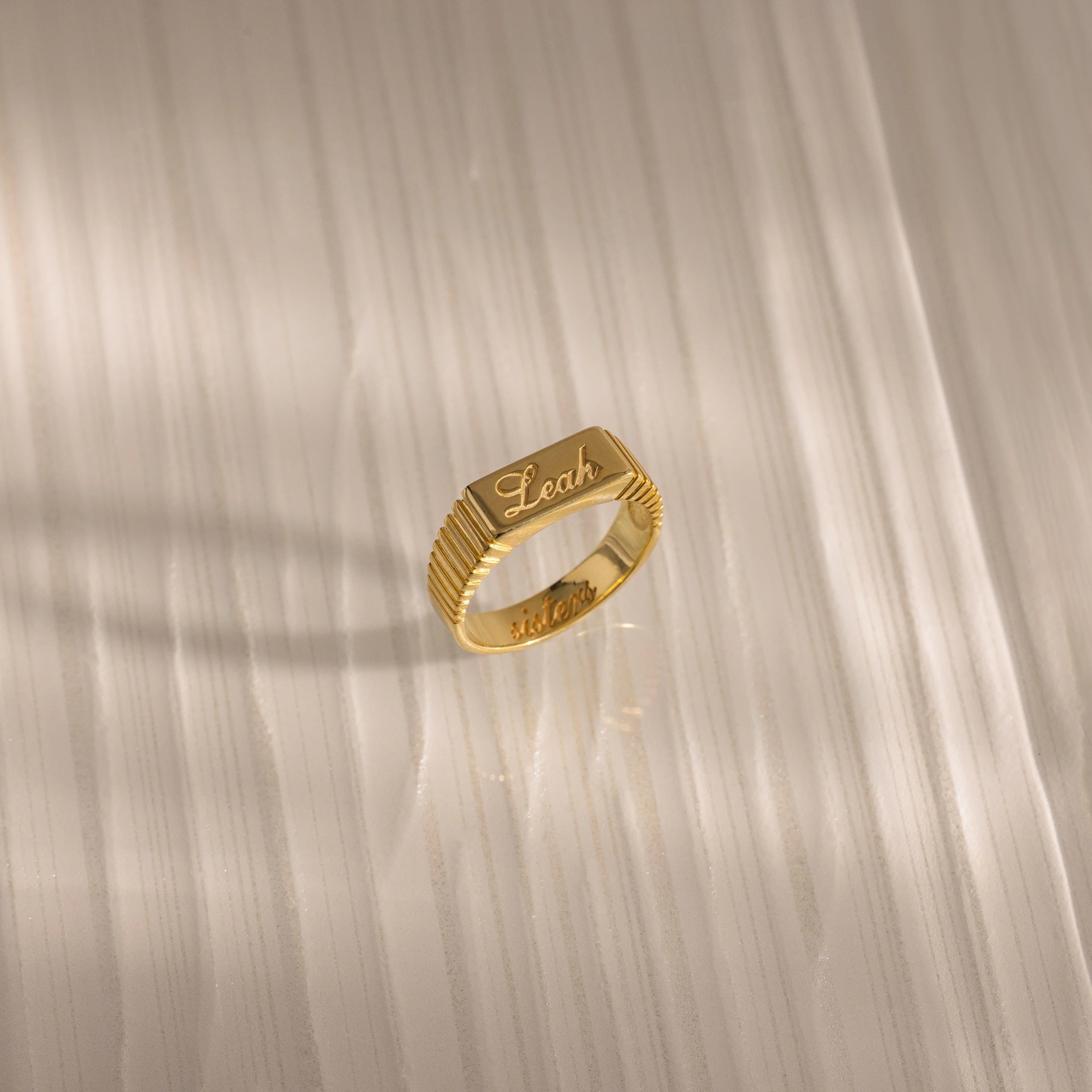 Ribbed Name Signet Ring Silver 18K Gold Plated