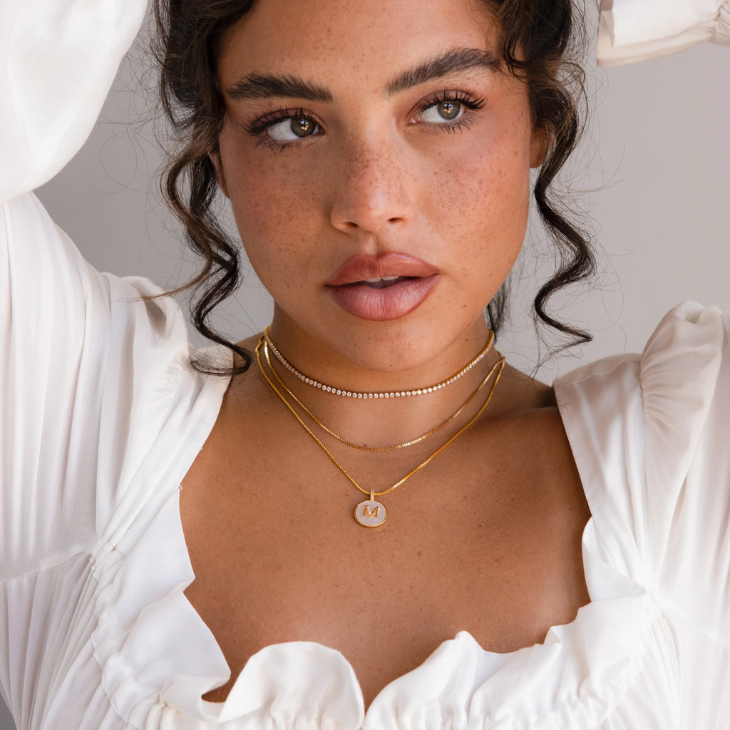 Pearl Initial Disc Necklace  Silver 18K Gold Plated