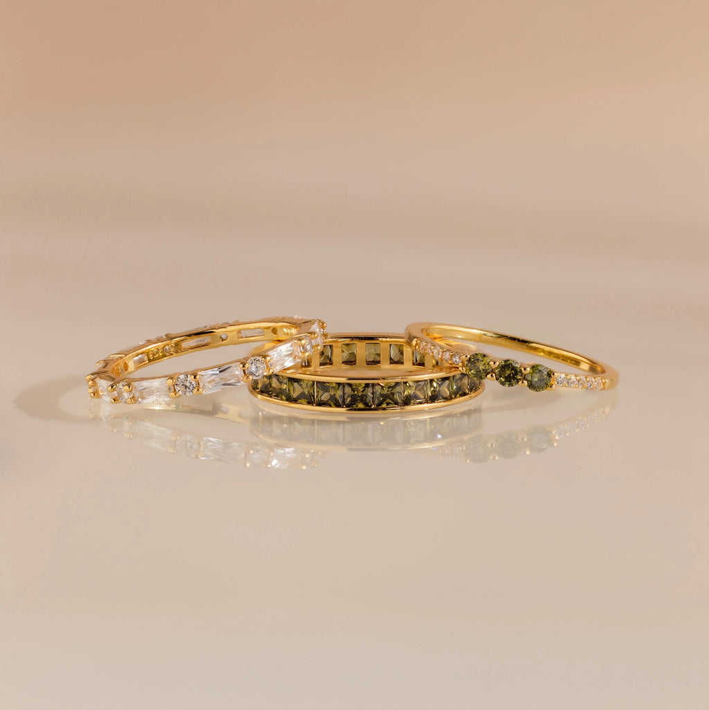 Diamonds Peridot Rings Set Silver 18K Gold Plated