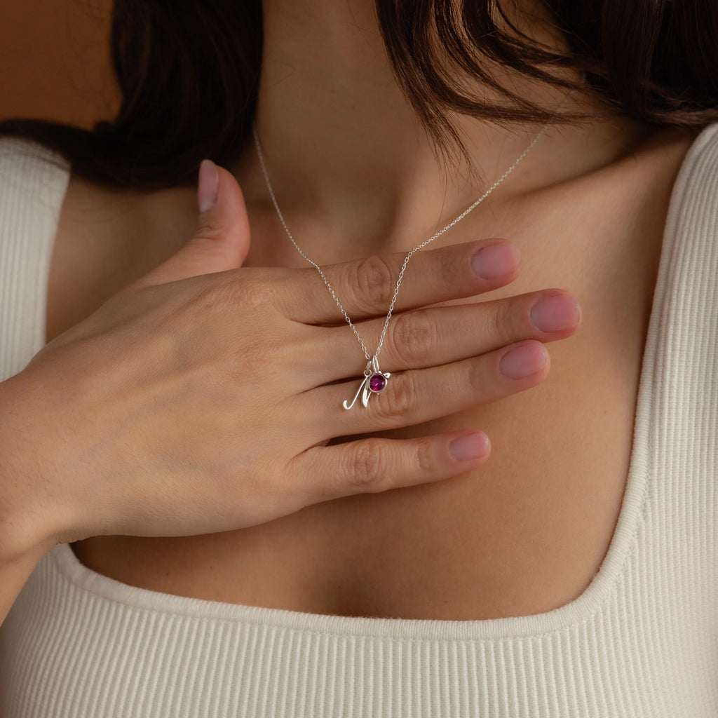 Initial Heart Birthstone Necklace Silver 18K Gold Plated