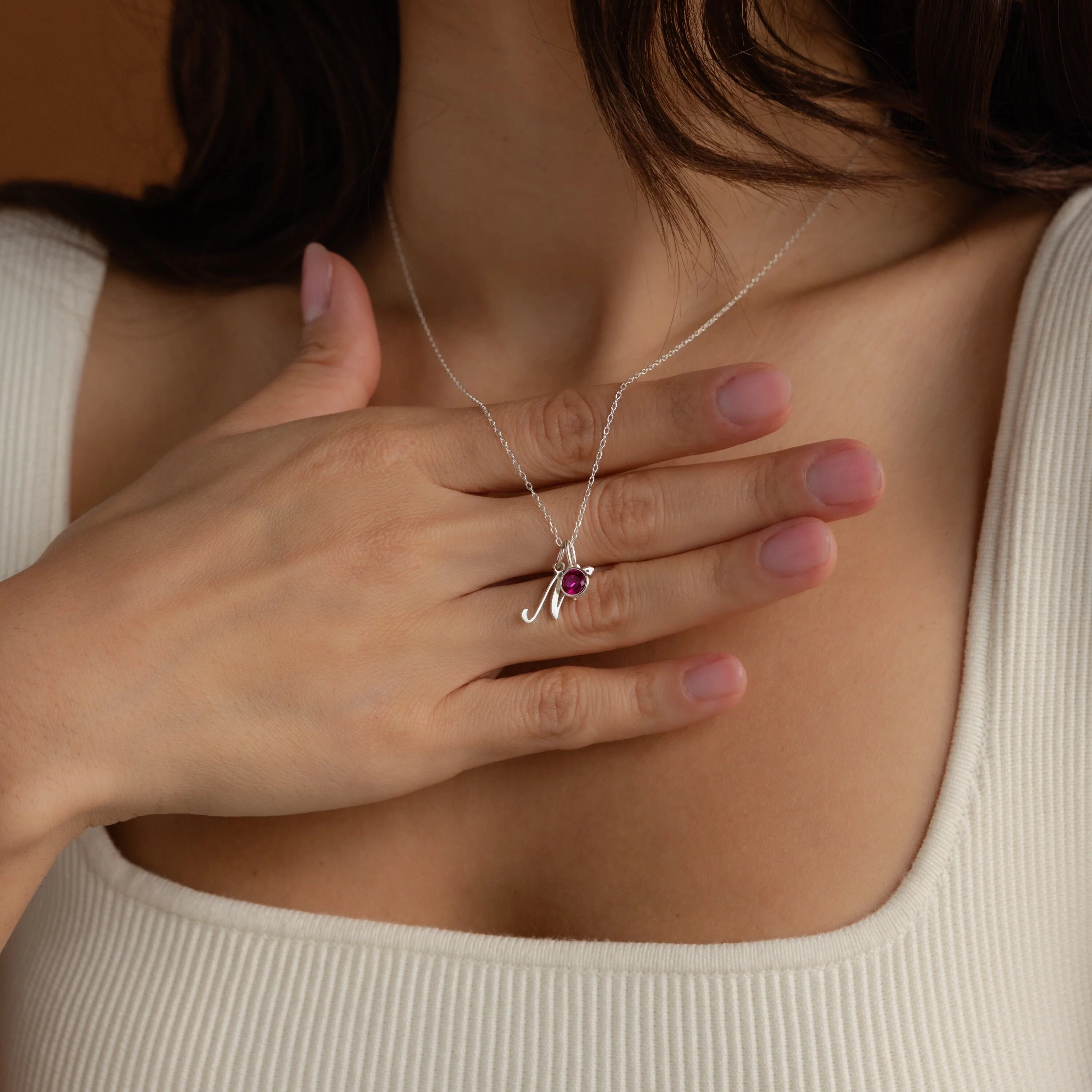 Initial Heart Birthstone Necklace Silver 18K Gold Plated