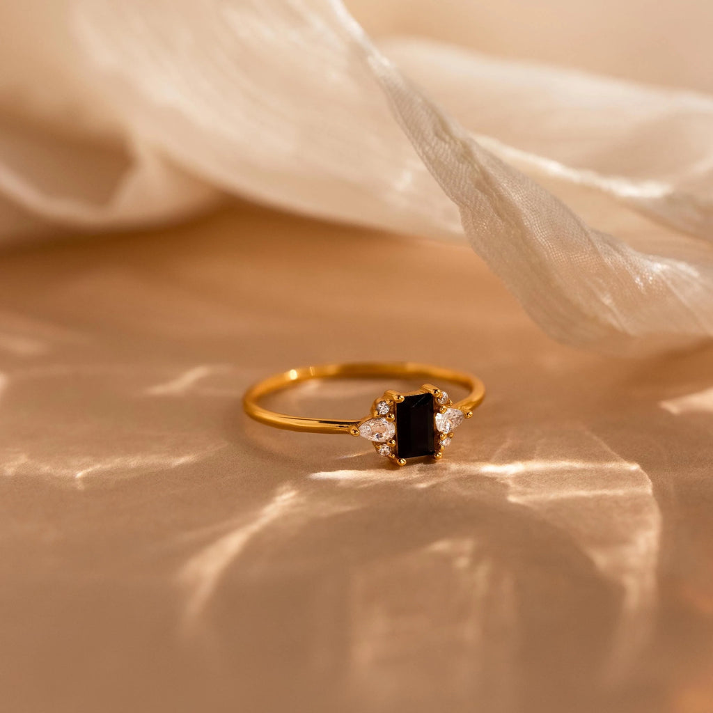 Onyx Baguette Diamond Ring Silver 18K Gold Plated