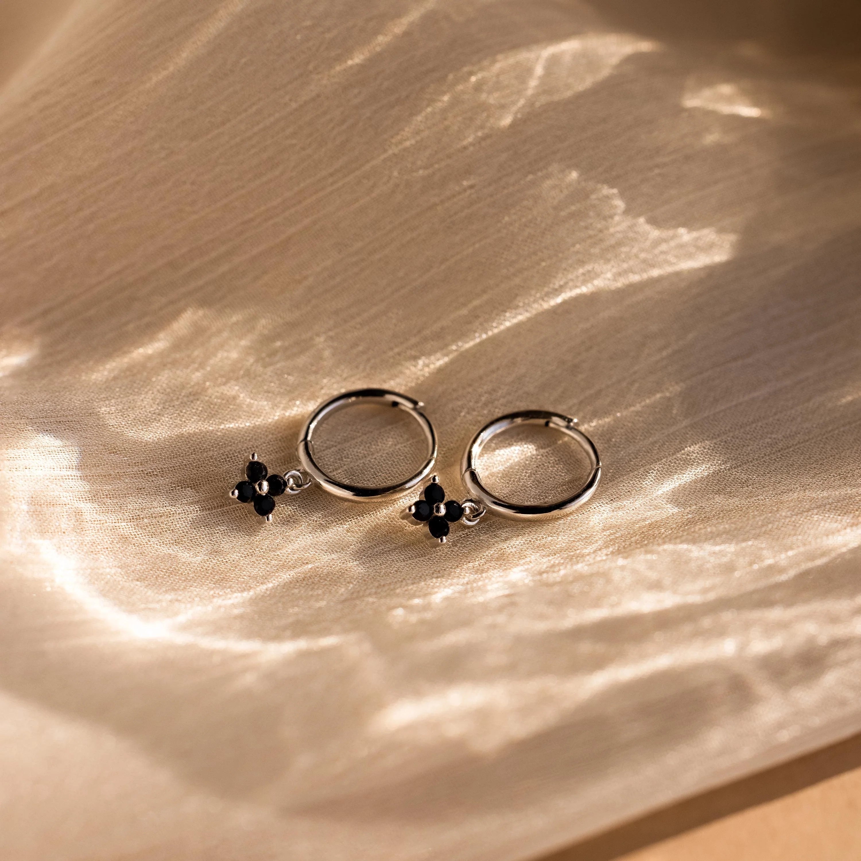 Black Ivy Flower Huggies Silver 18K Gold Plated