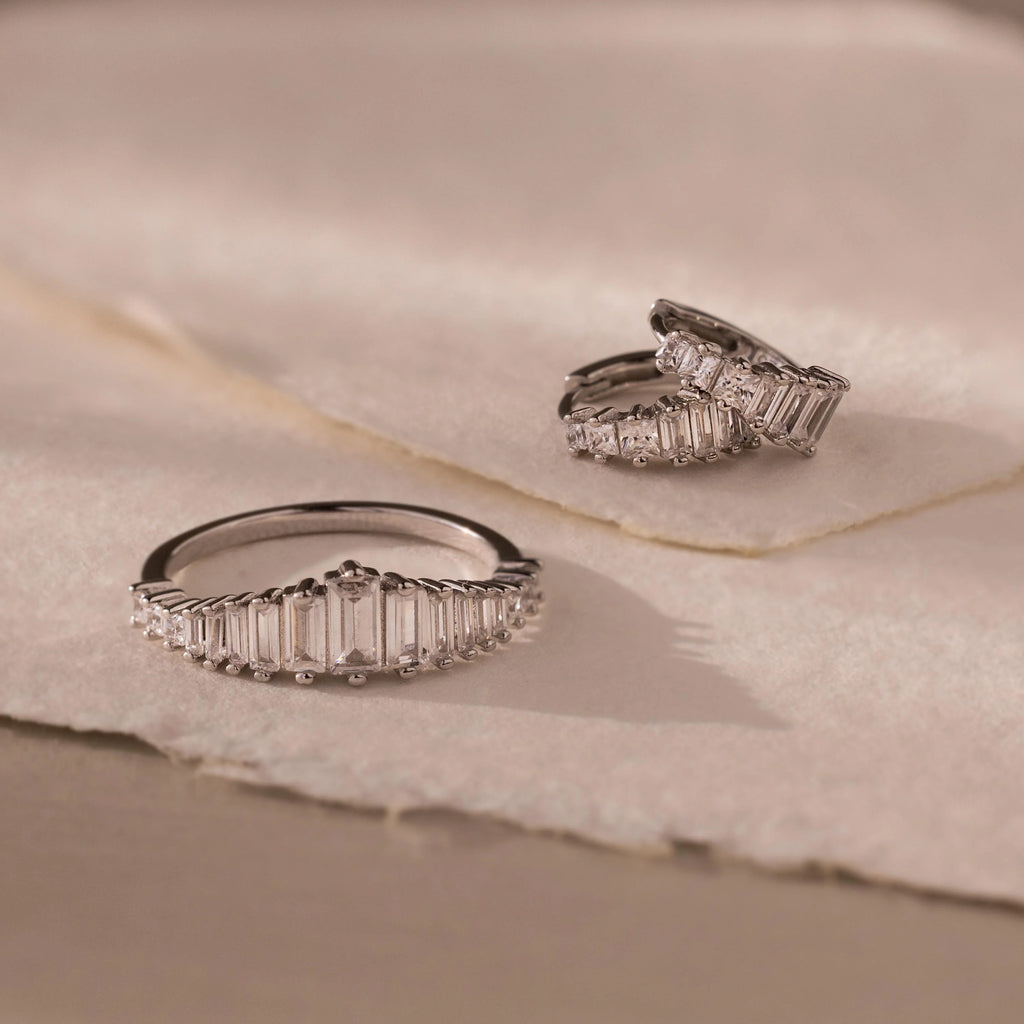 Art Deco Diamond Earrings & Ring Set Silver 18K Gold Plated