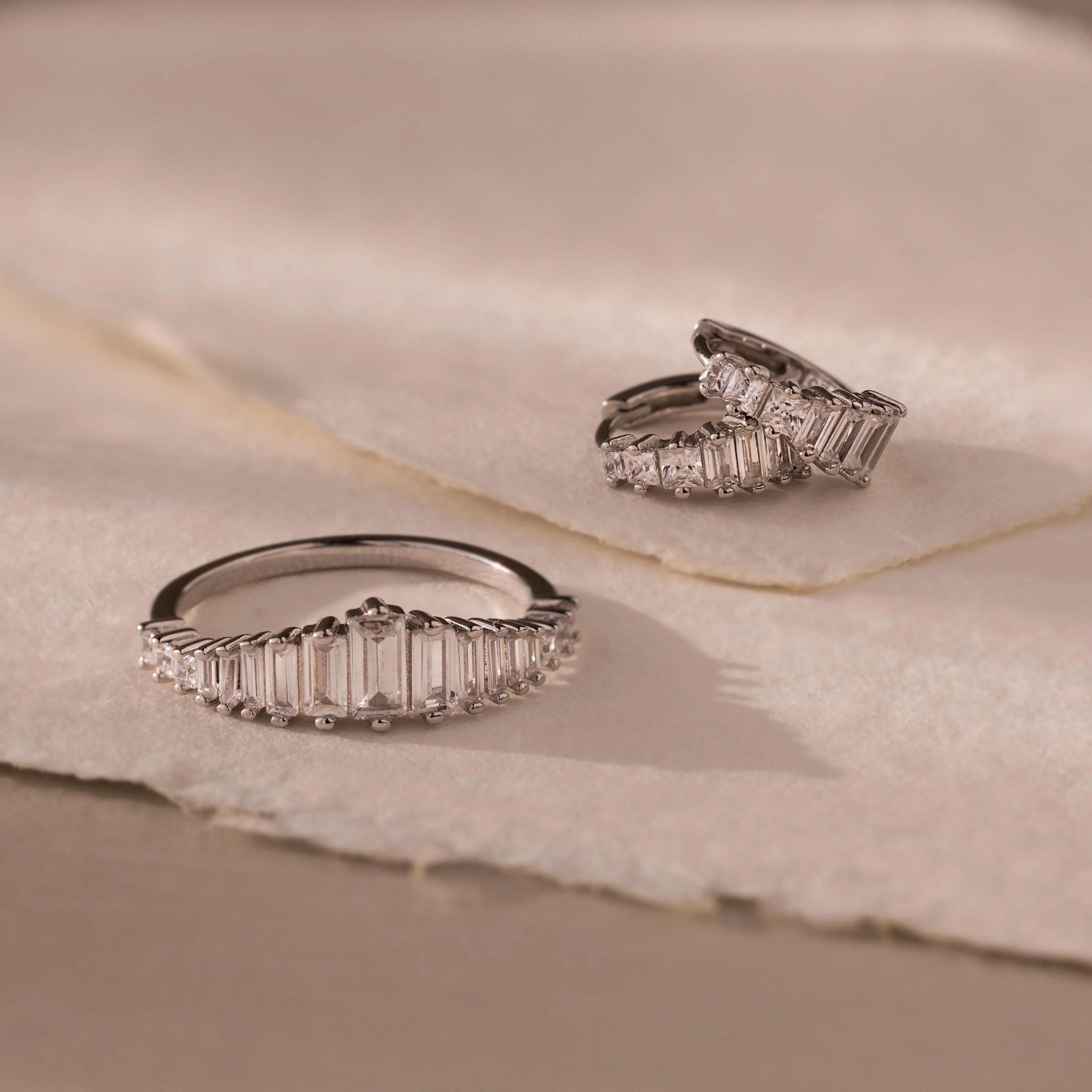 Art Deco Diamond Earrings & Ring Set Silver 18K Gold Plated