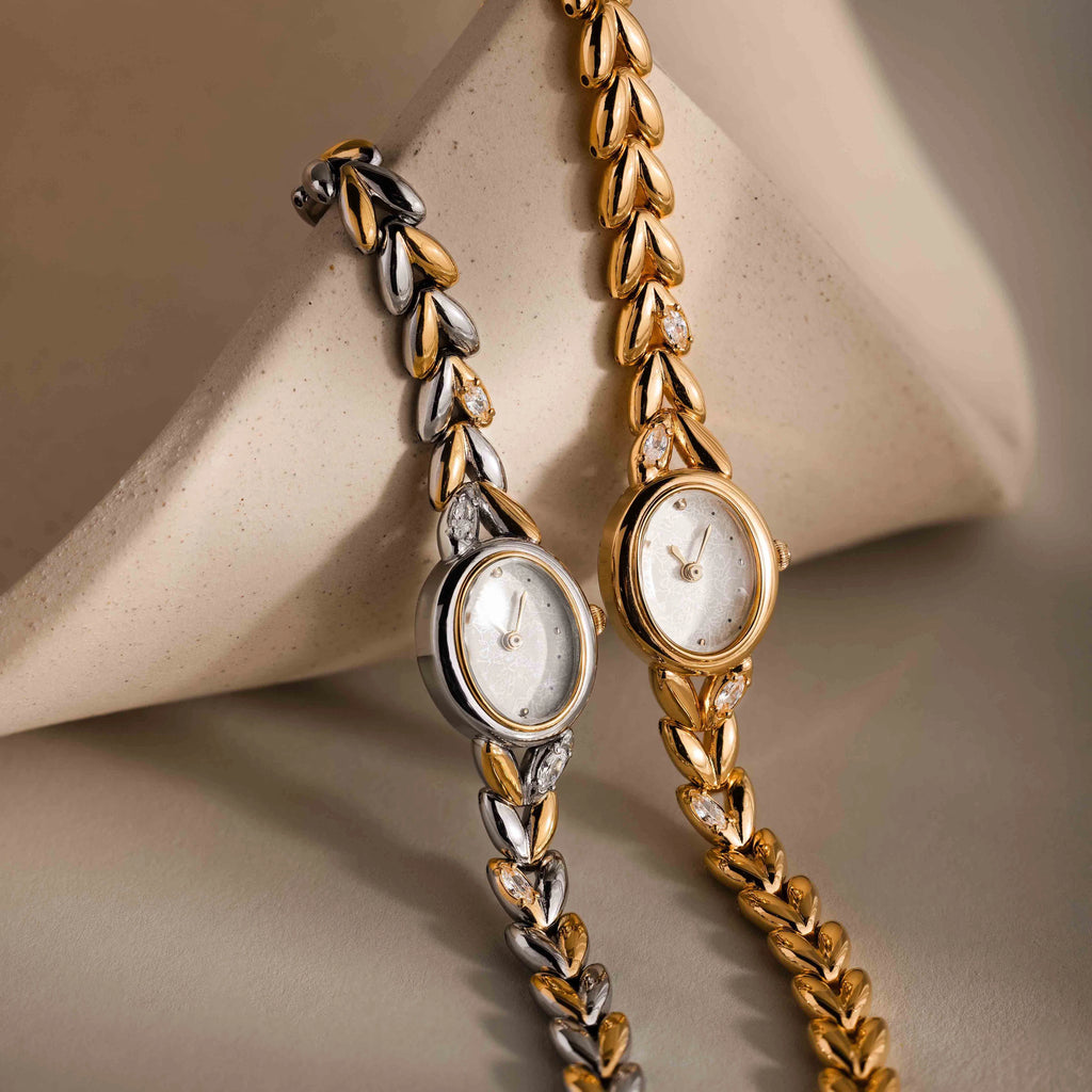 Diamond Chevron Link Timepiece Silver 18K Gold Plated