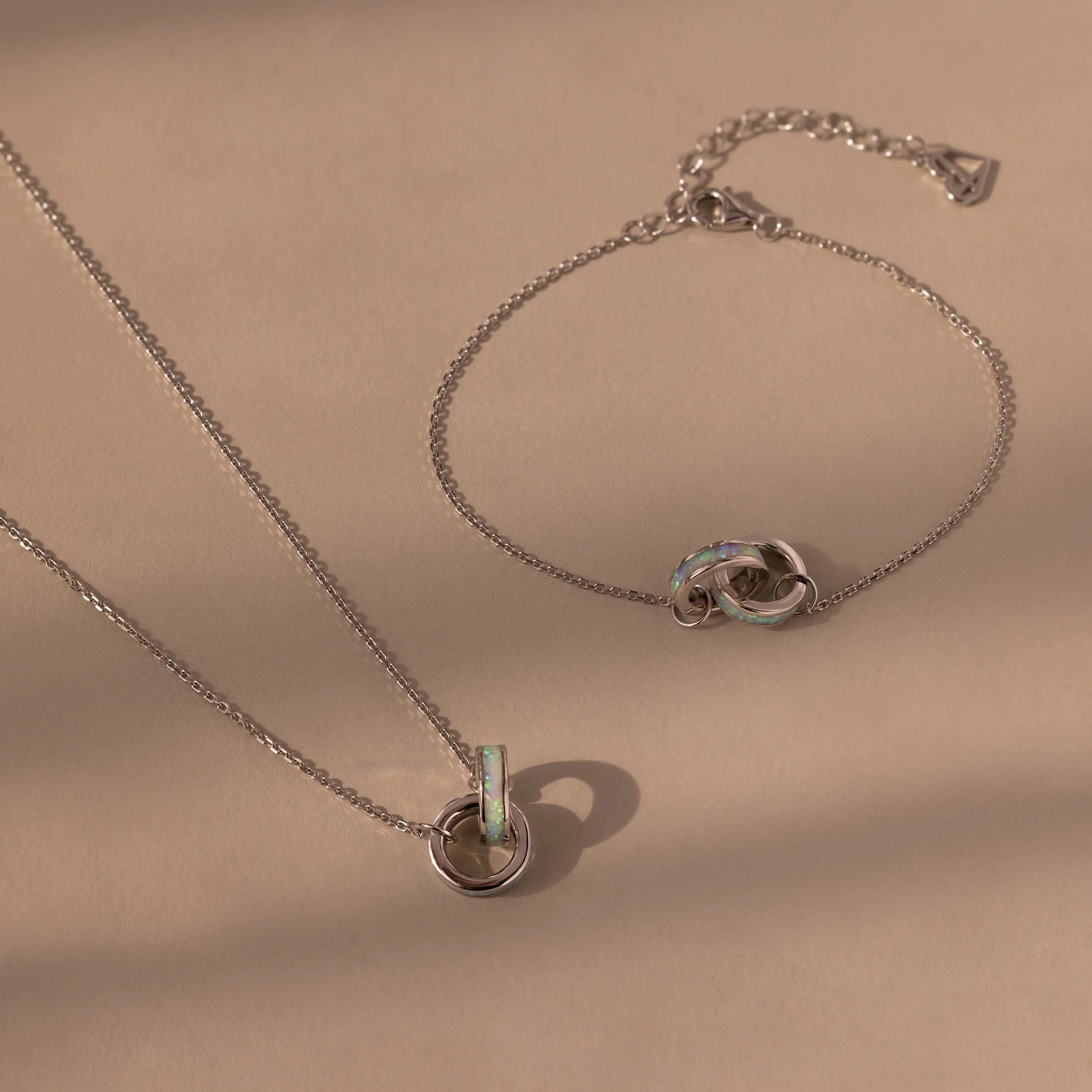 Interlocking Opal Inlay Necklace and Bracelet Set Silver 18K Gold Plated