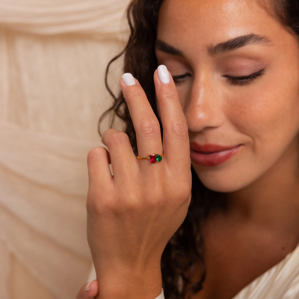 Toi et Moi  Pear-Emerald Cut Ring Silver 18K Gold Plated